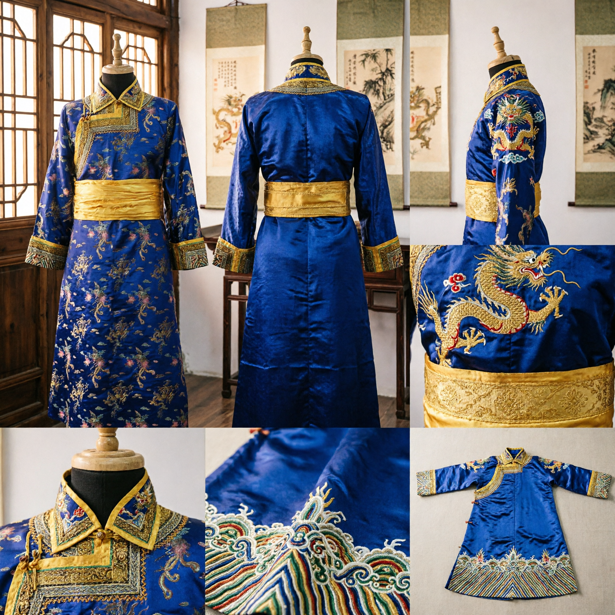 Royal Blue Traditional Mongolian Robe with Gold Sash and Dragon Embroidery for Men's Folk Dance Performance - Asian Costume