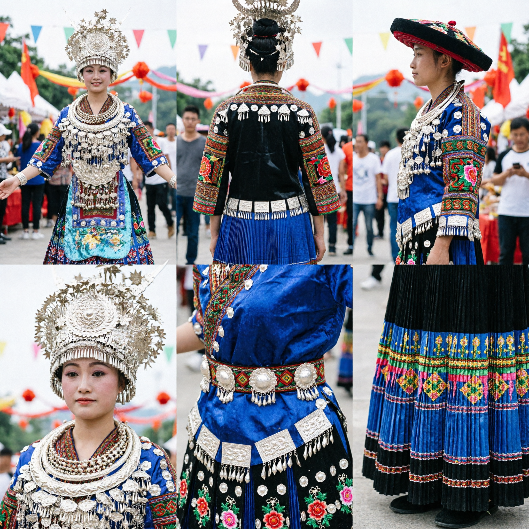 Authentic Chinese Miao Minority Traditional Costume Set Men Dragon Tunic Women Blue Dress for Cultural Stage Performance - Asian Costume