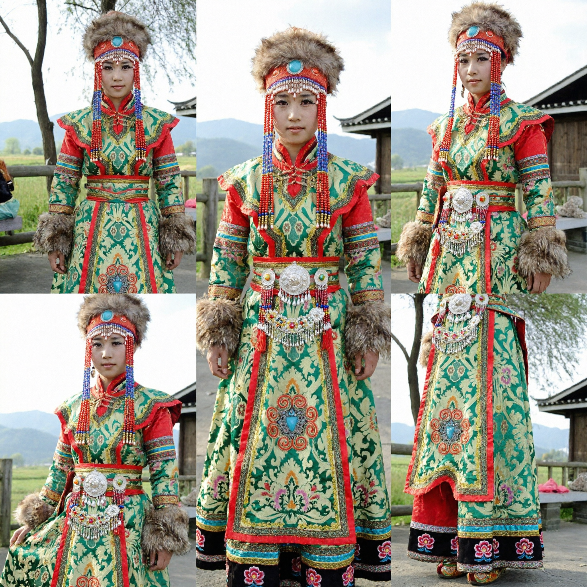 Traditional Chinese Tibetan Ethnic Costume Green Dress Fur Hat for Women Folk Dance Stage Performance - Asian Costume