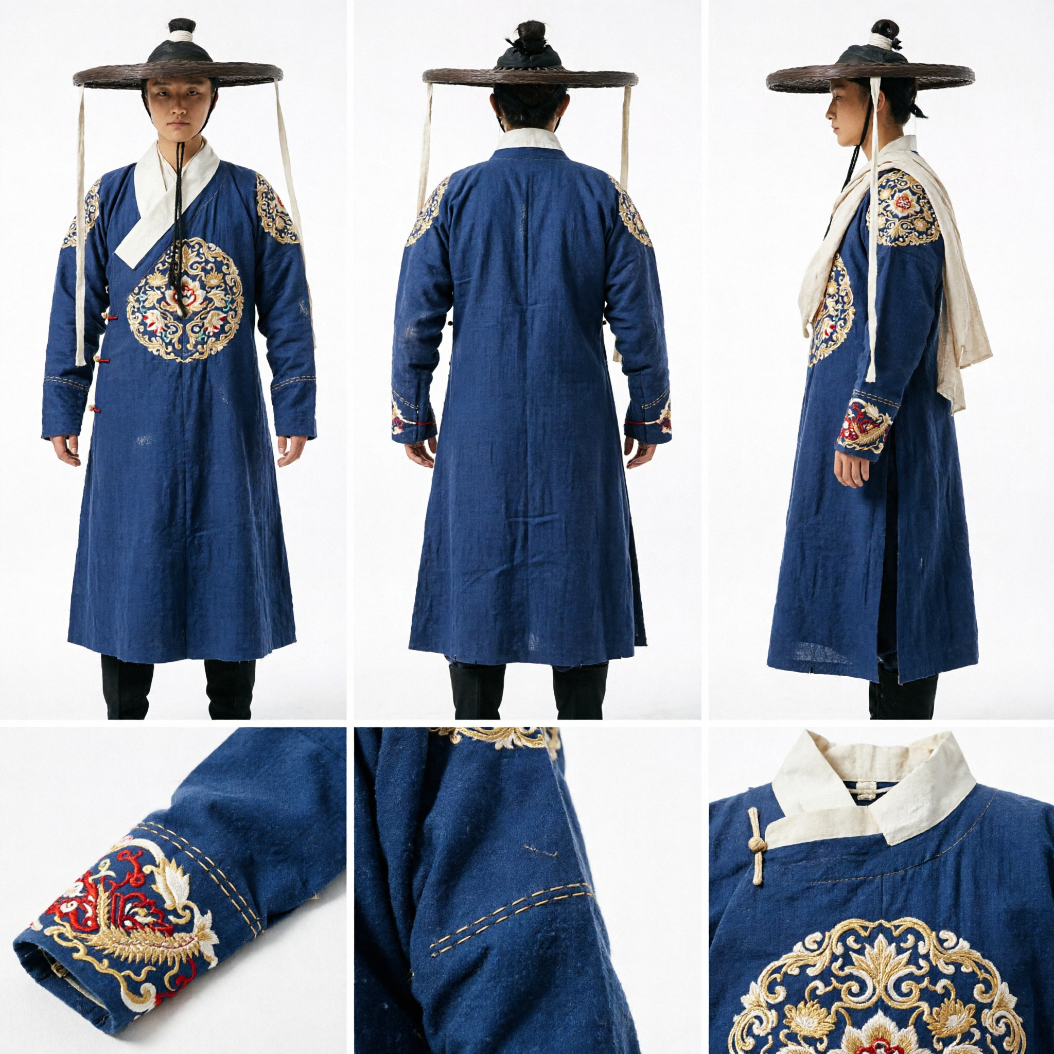 Traditional Chinese Ancient Traveler Costume Blue Robe and Wide-Brimmed Hat Set for Martial Arts Film and Cosplay - Asian Costume