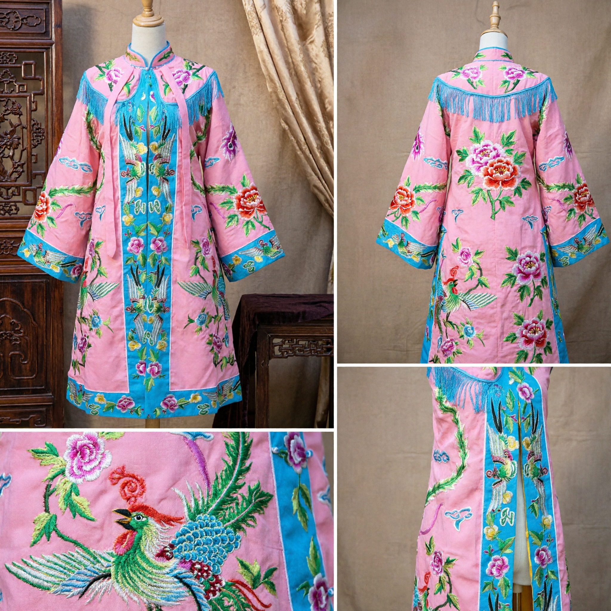 Traditional Chinese Peking Opera Pink Embroidered Phoenix Cape Cloak Costume for Female Stage Performance - Asian Costume