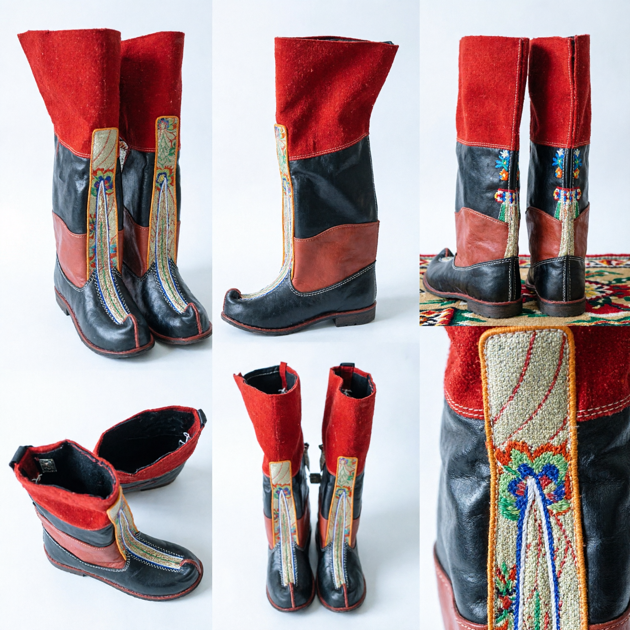 Traditional Chinese Mongolian Boots Red and Black Embroidery Folk Dance Shoes Ethnic Costume Footwear - Asian Costume