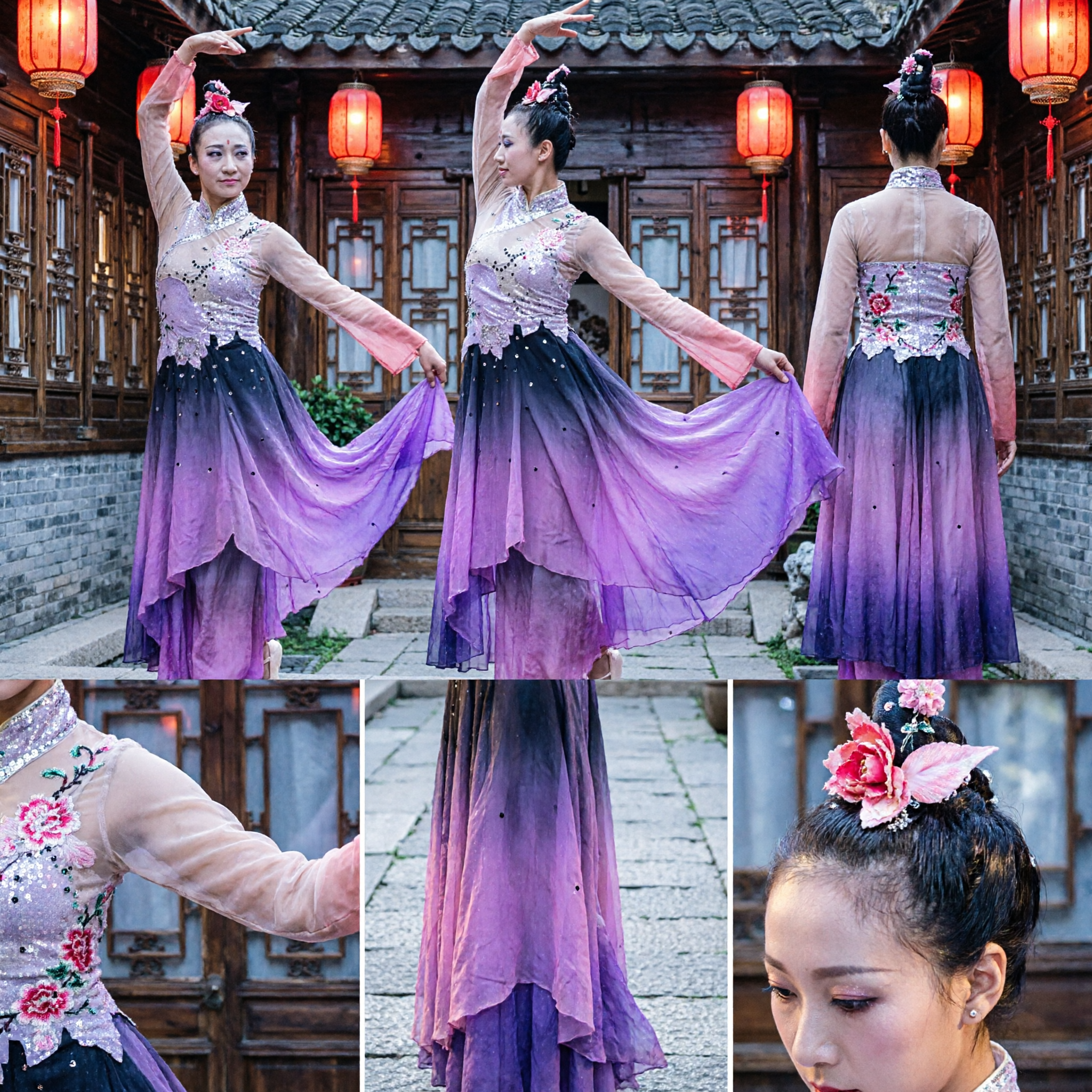 Elegant Gradient Purple Chinese Classical Dance Costume Women's Traditional Long Sleeve Stage Performance Dress - Asian Costume