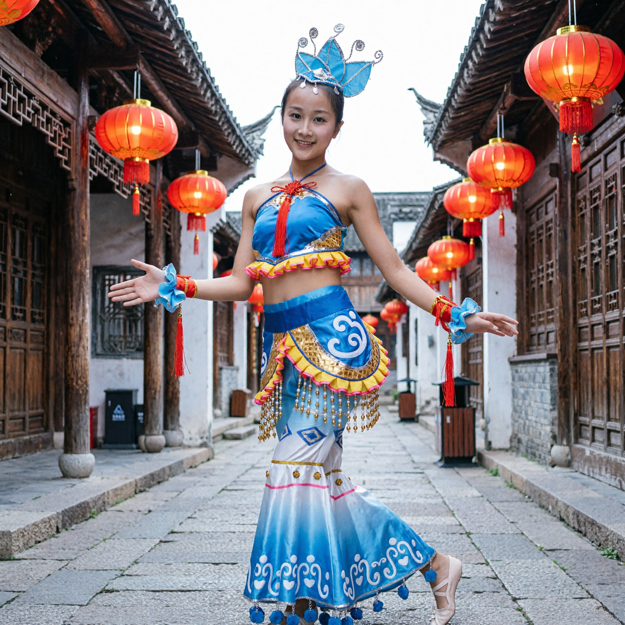 Blue Traditional Chinese Folk Dance Costume Ethnic Minority Performance Outfit with Lotus Headpiece for Women - Asian Costume