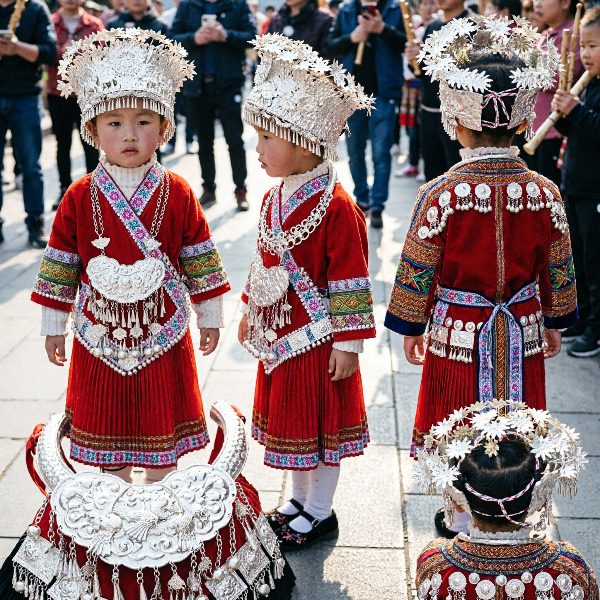 Traditional Chinese Miao Ethnic Minority Children Costume Complete Set with Silver Headdress for Kids Folk Dance Performance - Asian Costume