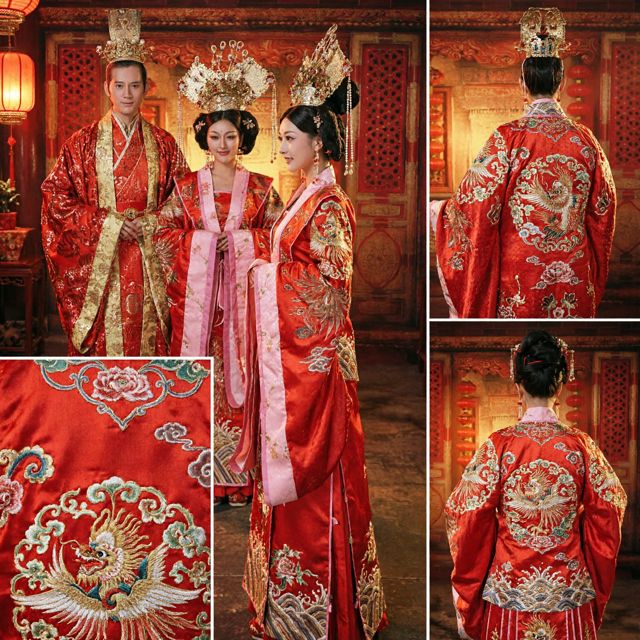 Traditional Chinese Imperial Wedding Costumes Ancient Emperor and Empress Red Dragon Phoenix Hanfu Set for Couples - Asian Costume