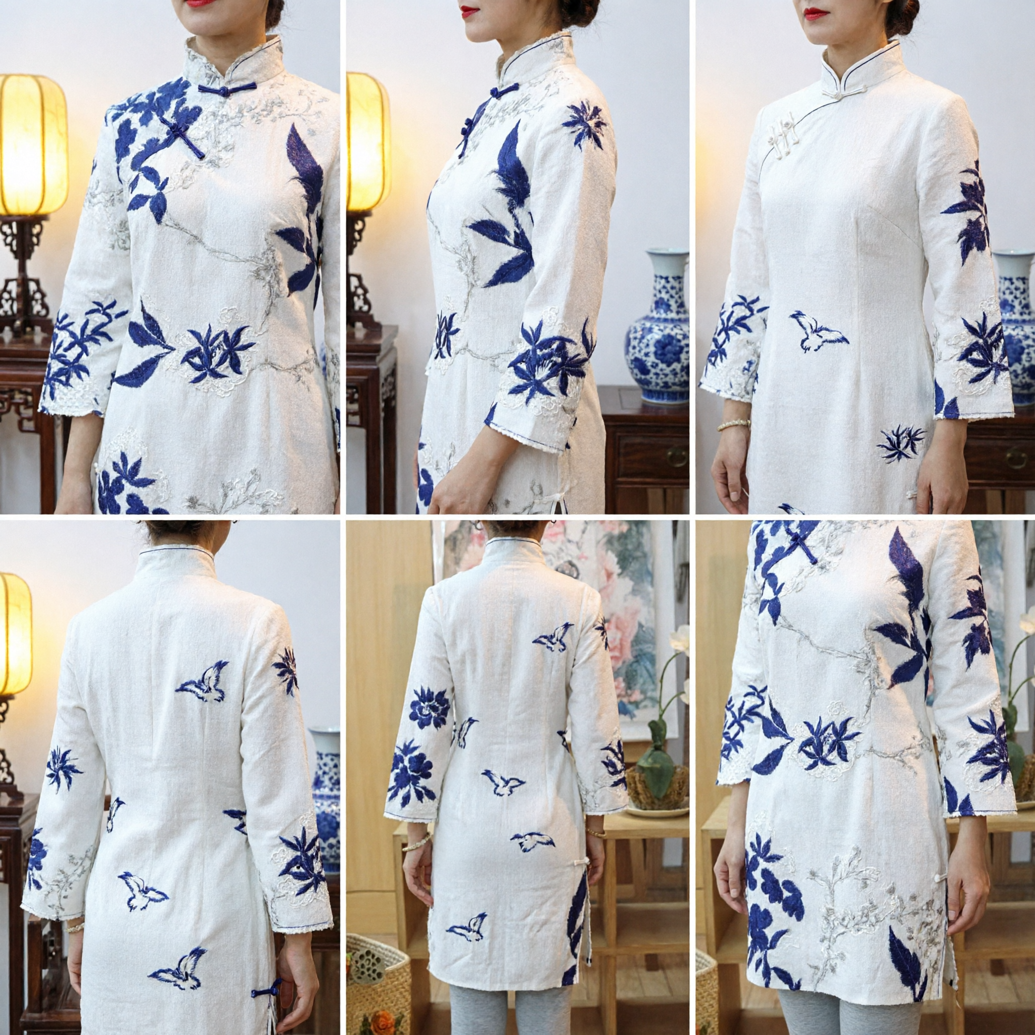 Women's White Chinese Traditional Cheongsam Top Blue Floral Ink Print Silk Qipao Dress for Tea Ceremony - Asian Costume