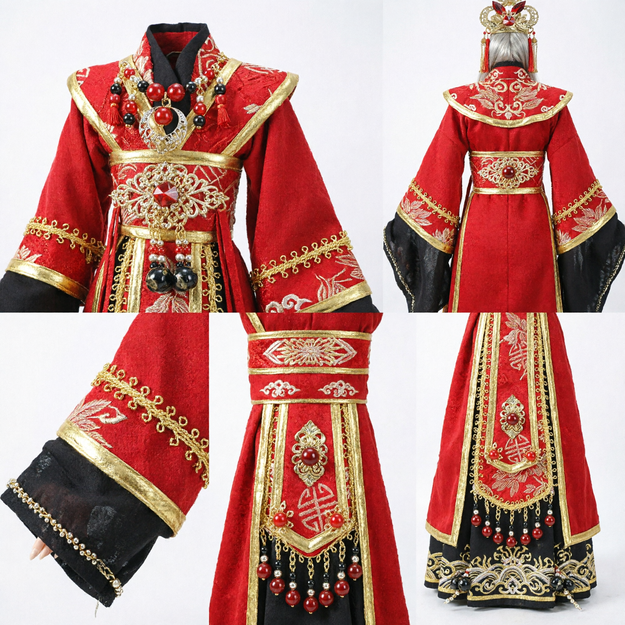 Traditional Chinese Wedding Hanfu Outfit for BJD Dolls with Red Gold Embroidery and Crown - Asian Costume