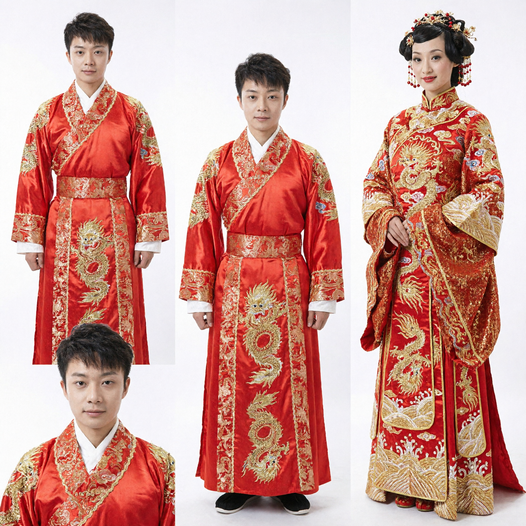 Traditional Chinese Wedding Costumes for Couples Ancient Hanfu Bride and Groom Red Gold Embroidery Set - Asian Costume