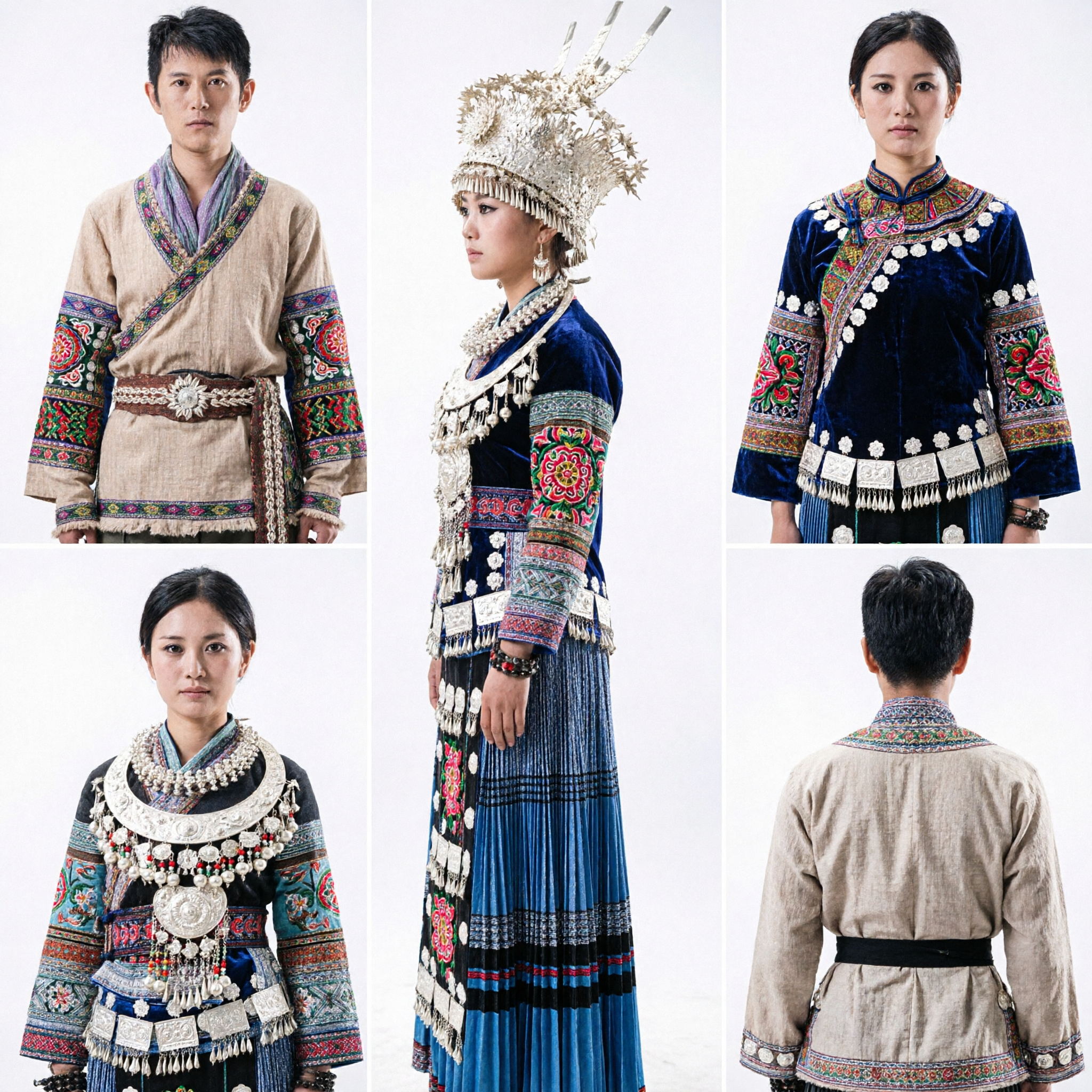 Traditional Chinese Miao Ethnic Couple Costume with Silver Headdress and Embroidered Skirt for Wedding Festival - Asian Costume