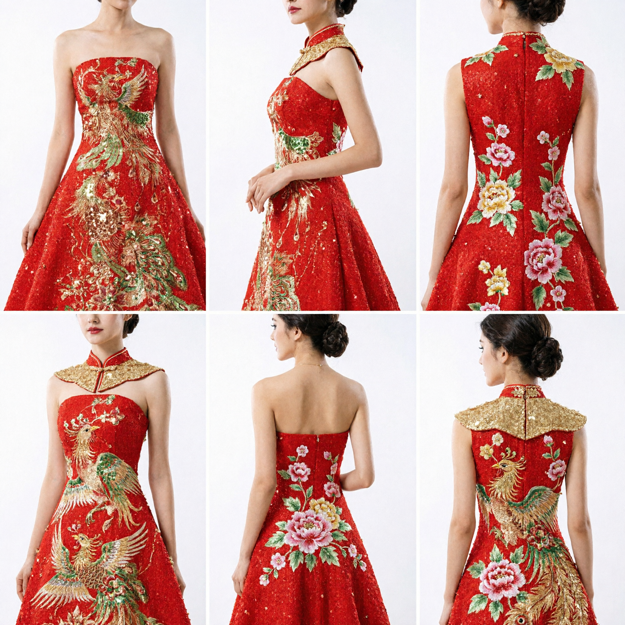 Elegant Red Chinese Traditional Wedding Dress for Bride with Gold Phoenix and Peacock Embroidery for Banquet - Asian Costume