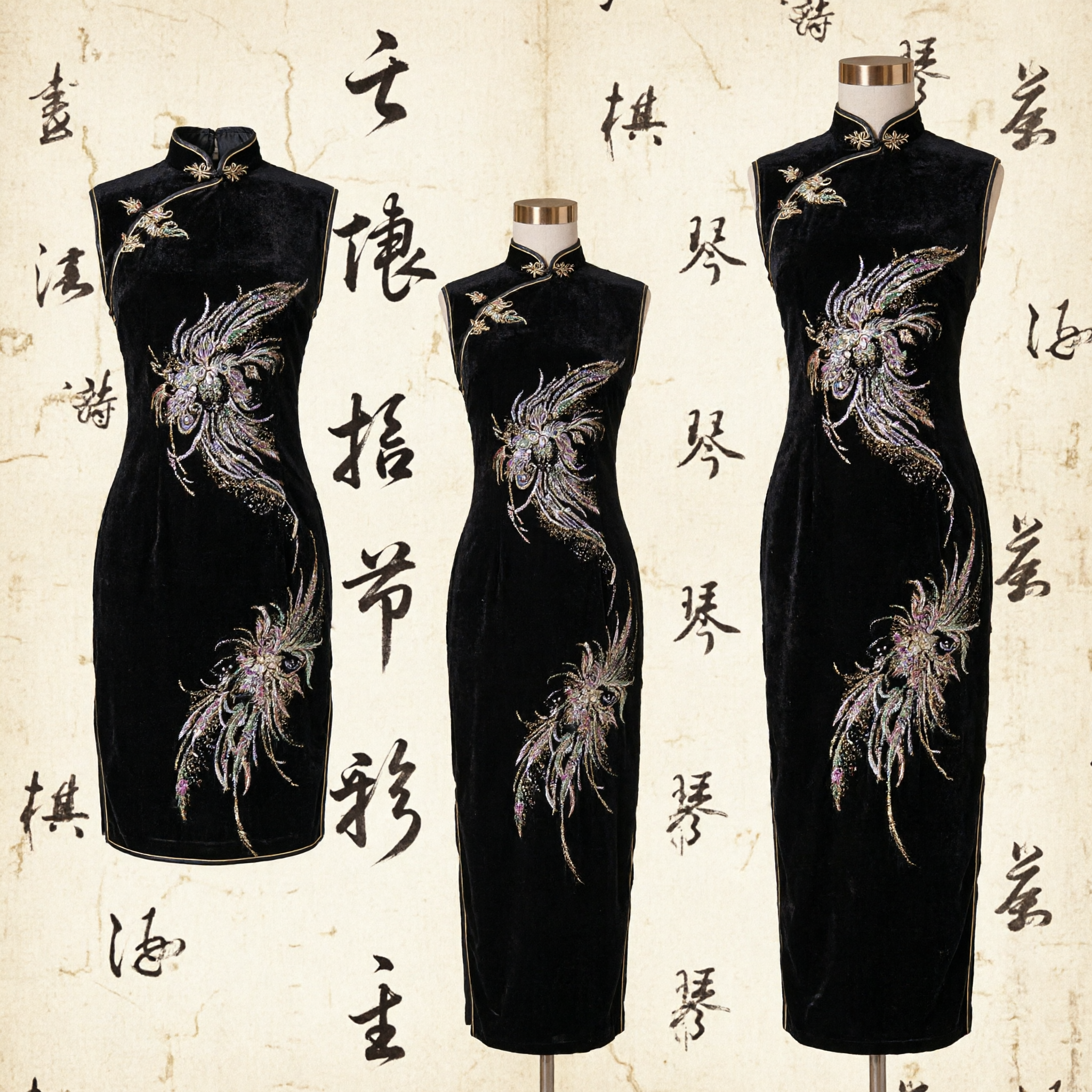 Elegant Black Velvet Cheongsam with Exquisite Phoenix Sequin Embroidery Traditional Chinese Qipao Evening Dress for Women - Asian Costume