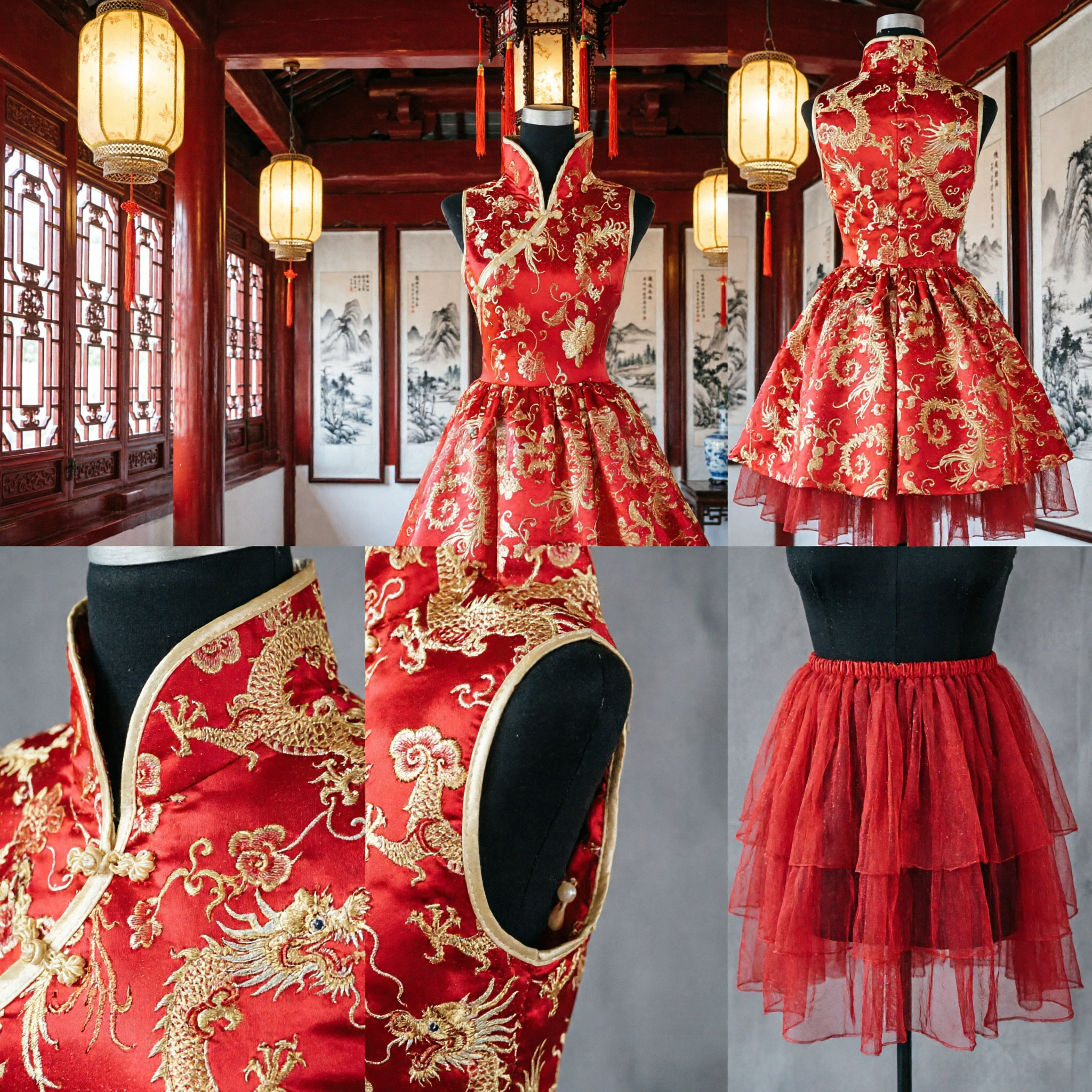 Women's Red Chinese Wedding Dress Sleeveless Dragon Phoenix Embroidery Cheongsam for Banquet Party - Asian Costume