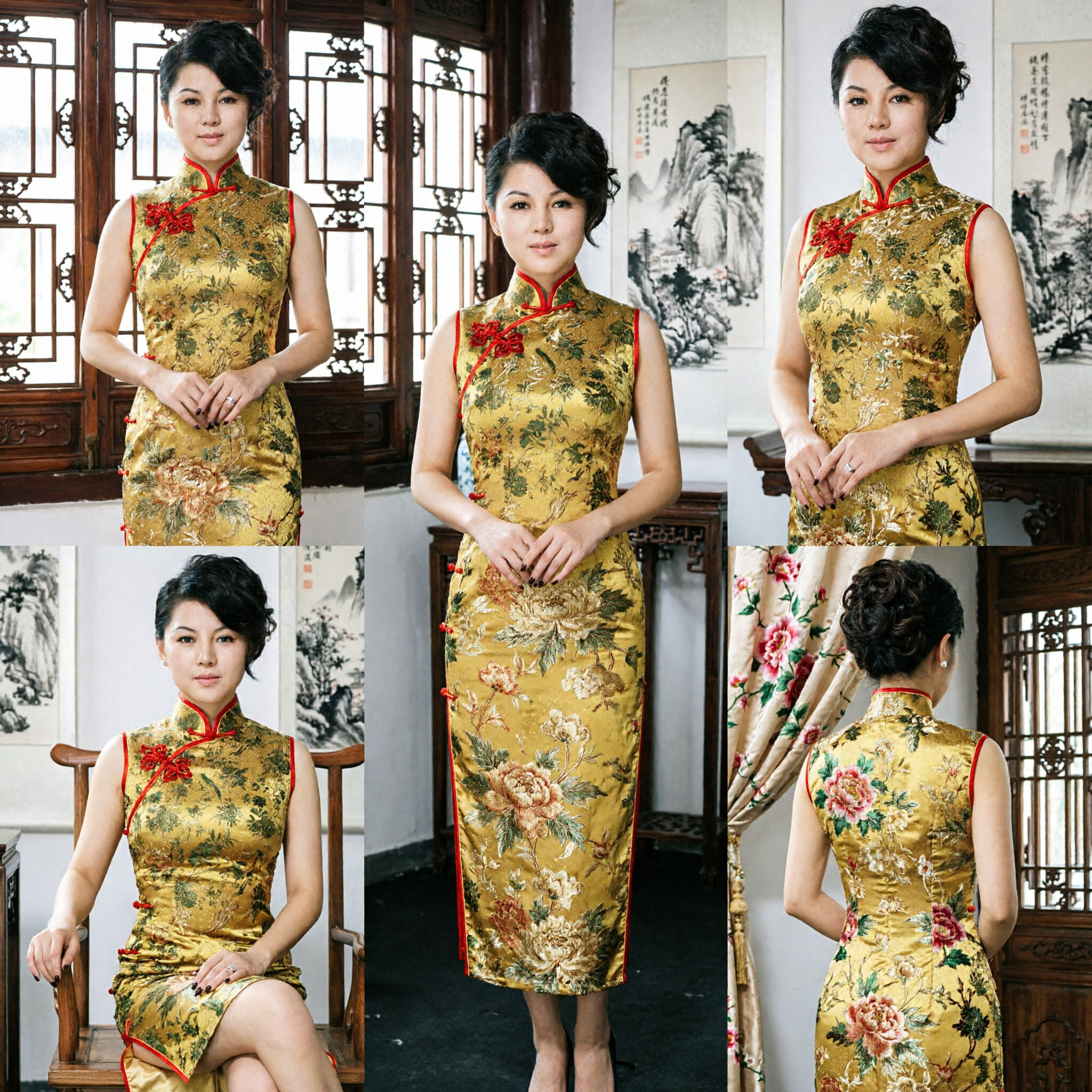 Elegant Women's Traditional Chinese Qipao Sleeveless Gold Floral Brocade Cheongsam Dress for Party and Wedding - Asian Costume