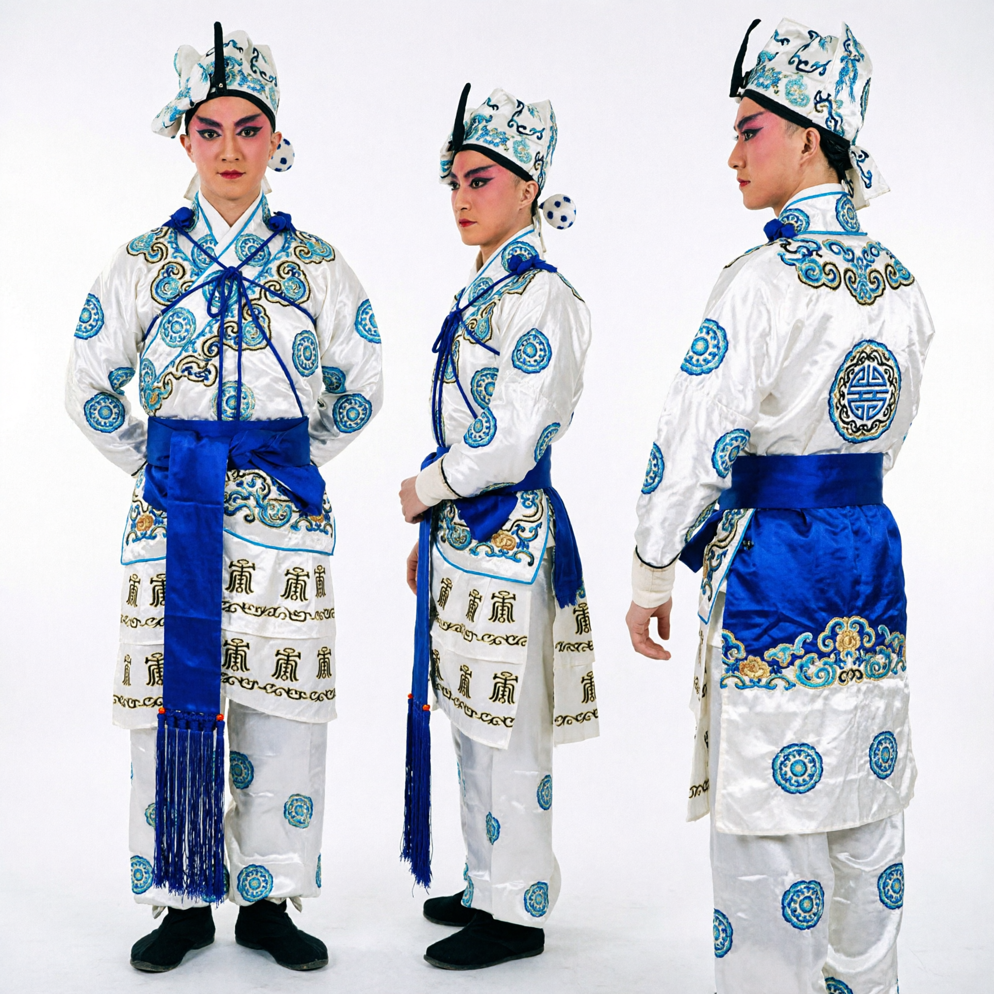 Professional Peking Opera Wusheng Martial Arts Costume White Silk Blue Embroidery Outfit for Male Actor Performance - Asian Costume