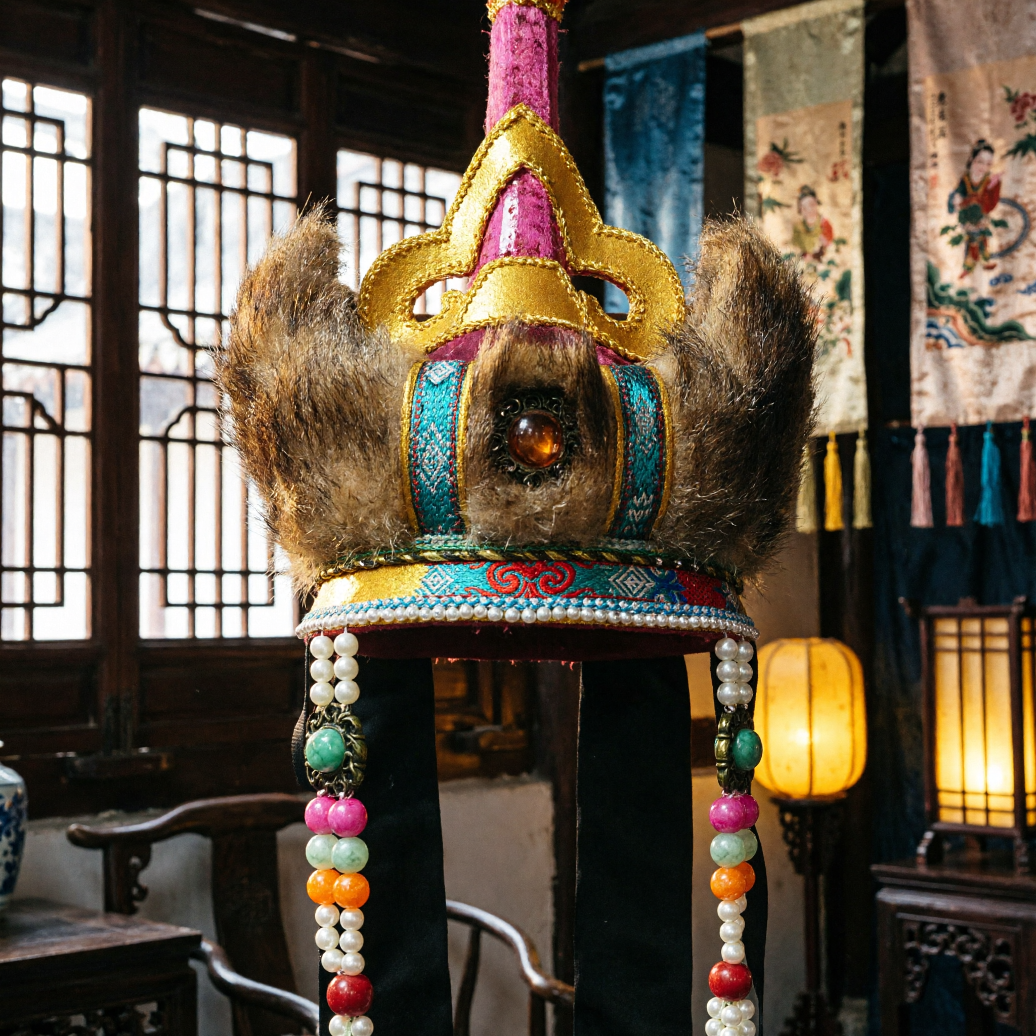 Traditional Chinese Ethnic Fur Crown Headdress with Colorful Beads for Folk Dance Stage Performance Costume - Asian Costume