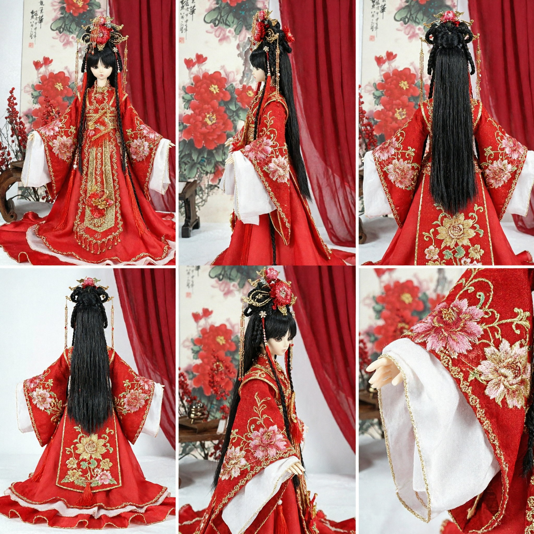 Traditional Chinese Wedding Hanfu for BJD Doll Red Ancient Costume with Gold Embroidery and Headpiece - Asian Costume