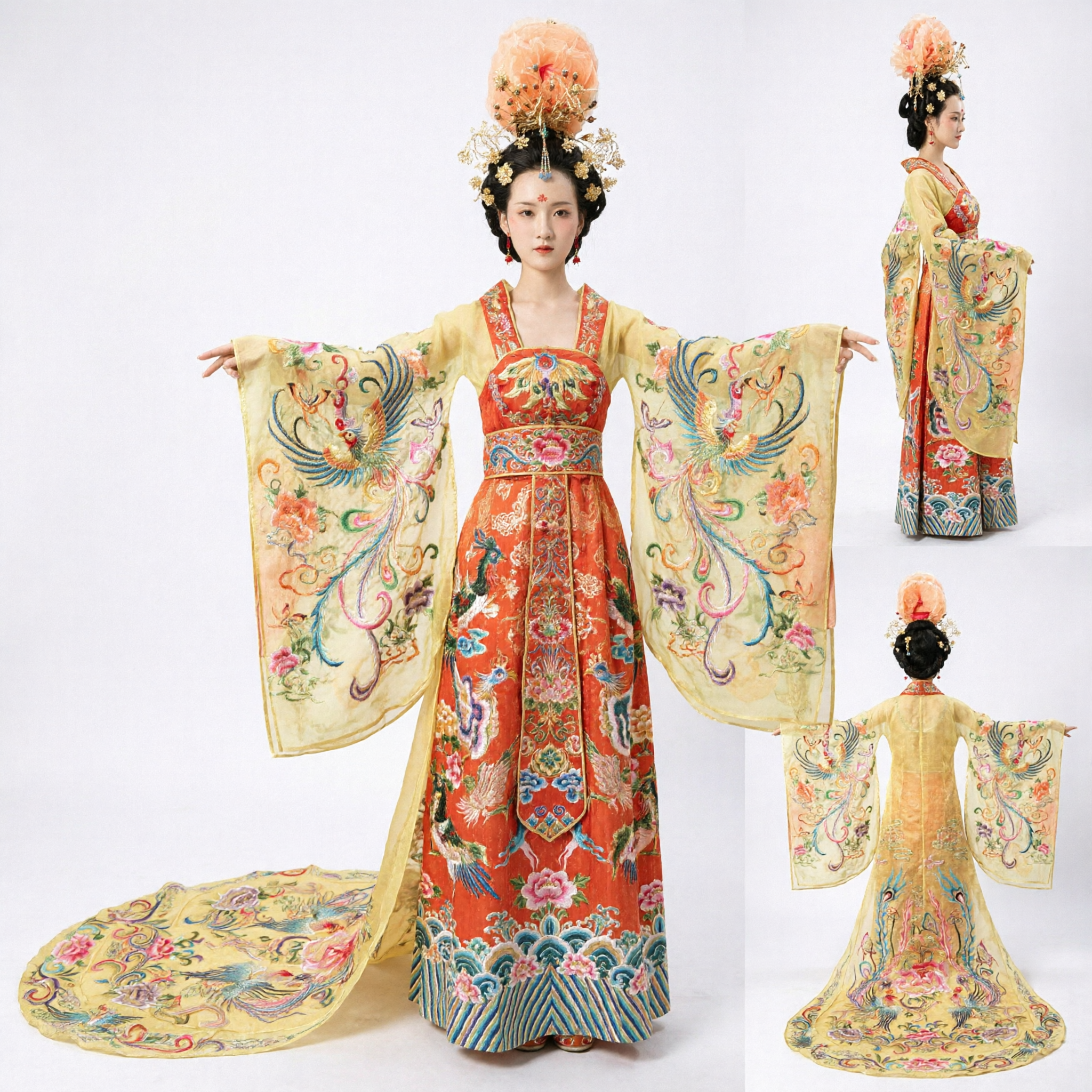 Traditional Chinese Tang Dynasty Empress Costume Yellow Phoenix Embroidery Hanfu Dress for Women Stage Performance - Asian Costume