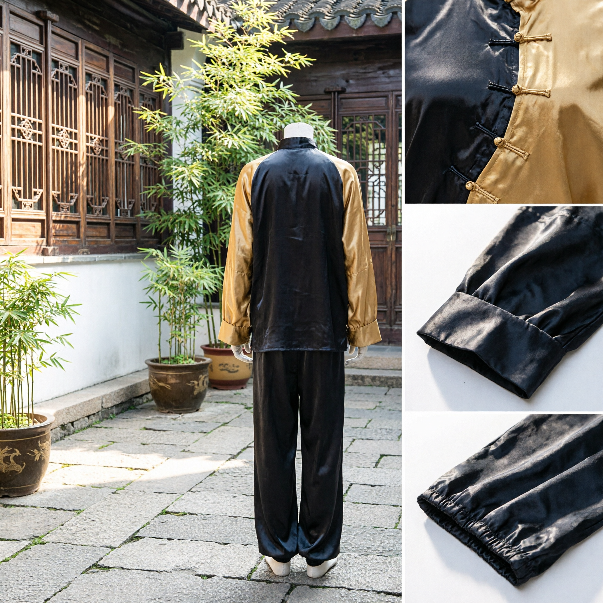 Men's Traditional Chinese Kung Fu Uniform Black and Gold Silk Tai Chi Martial Arts Suit - Asian Costume