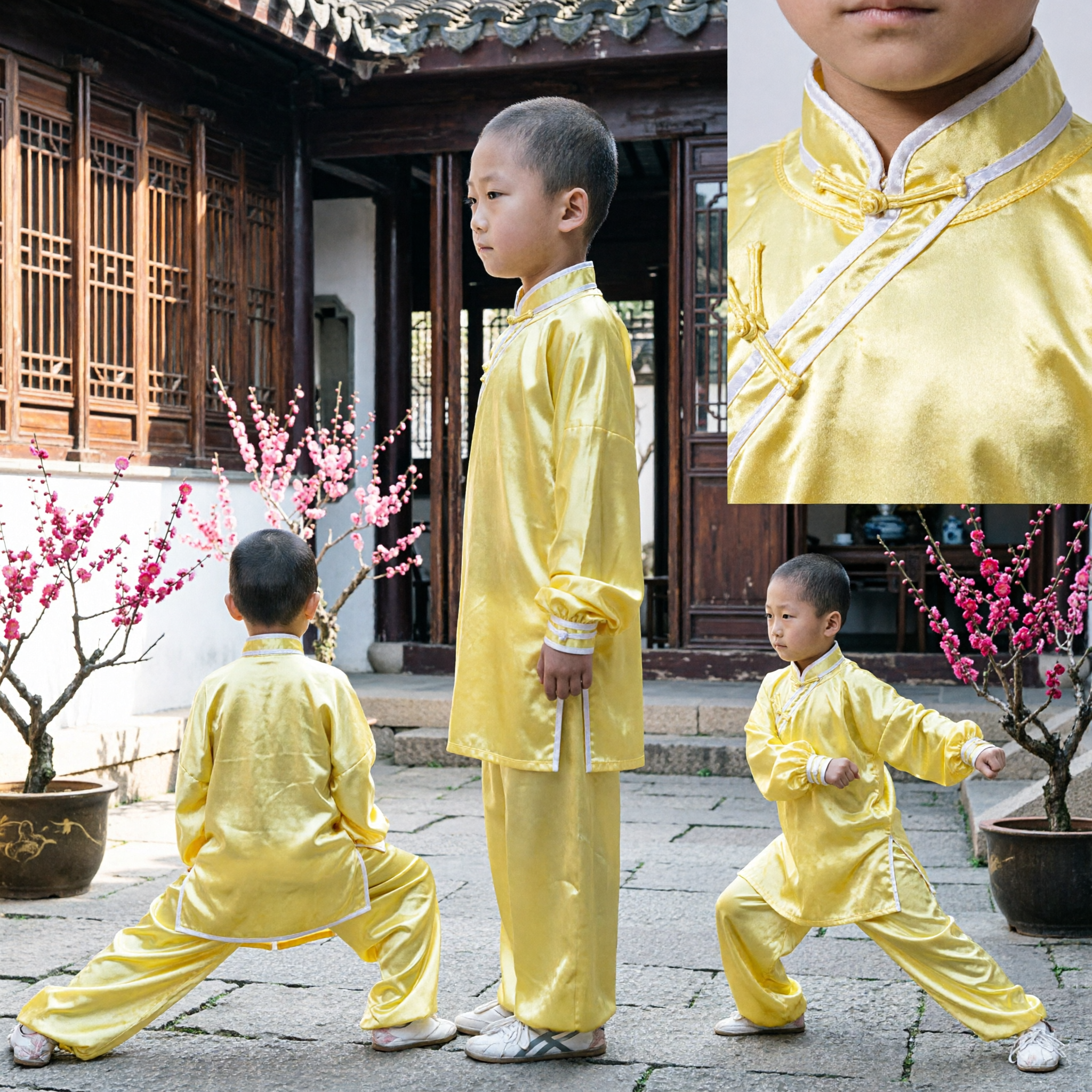 Yellow Satin Kids Martial Arts Uniform Traditional Kung Fu Wushu Tai Chi Costume for Boys Practice - Asian Costume