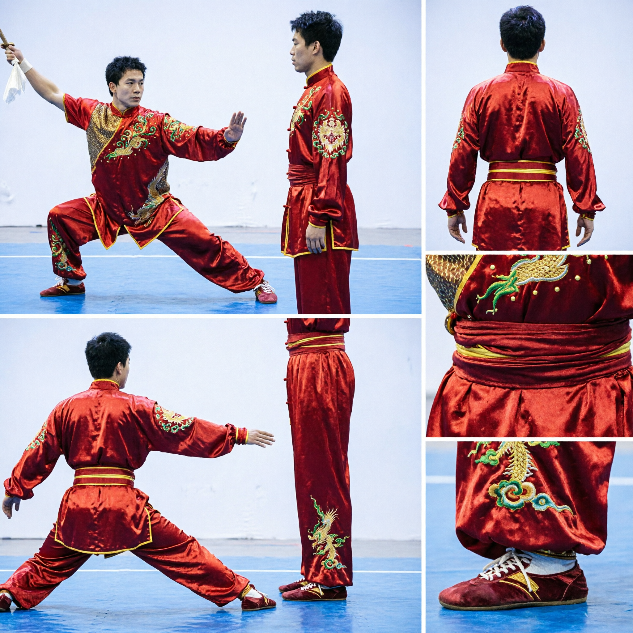 Men's Red Dragon Embroidery Kung Fu Uniform Traditional Wushu Martial Arts Competition Costume Set - Asian Costume
