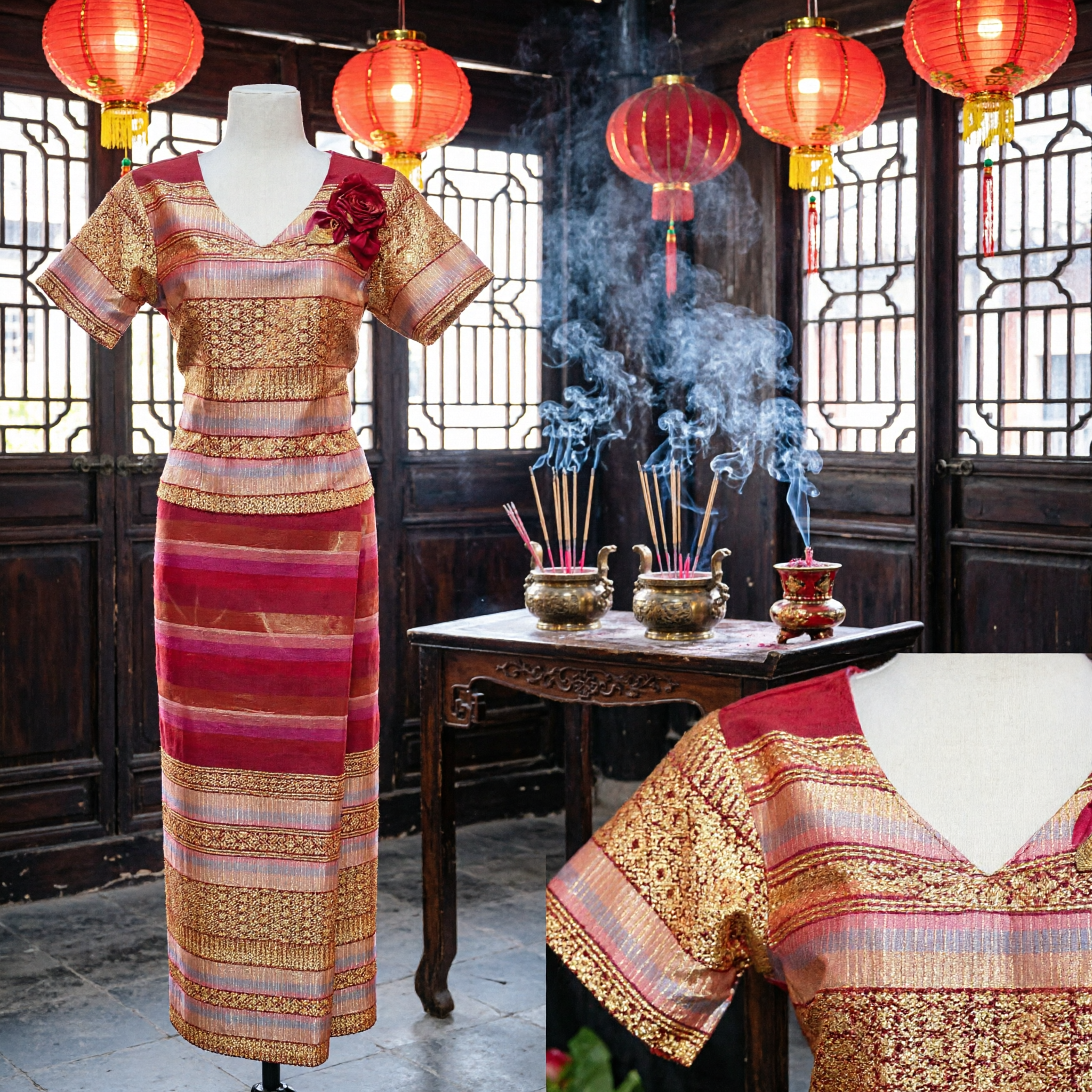 Traditional Asian Thai Style Silk Dress Red Gold Pattern Short Sleeve Sarong Set for Women Wedding Dance - Asian Costume