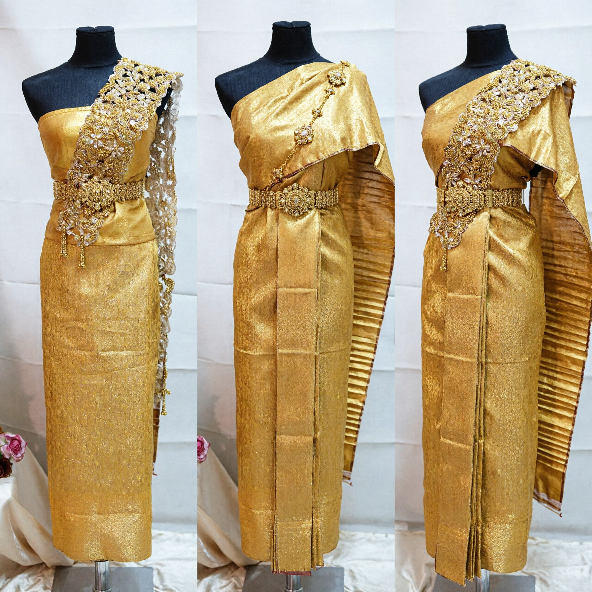 Women's Thai Traditional Dress Golden Yellow One Shoulder Sabai Costume with Sequin Embroidery for Dance - Asian Costume