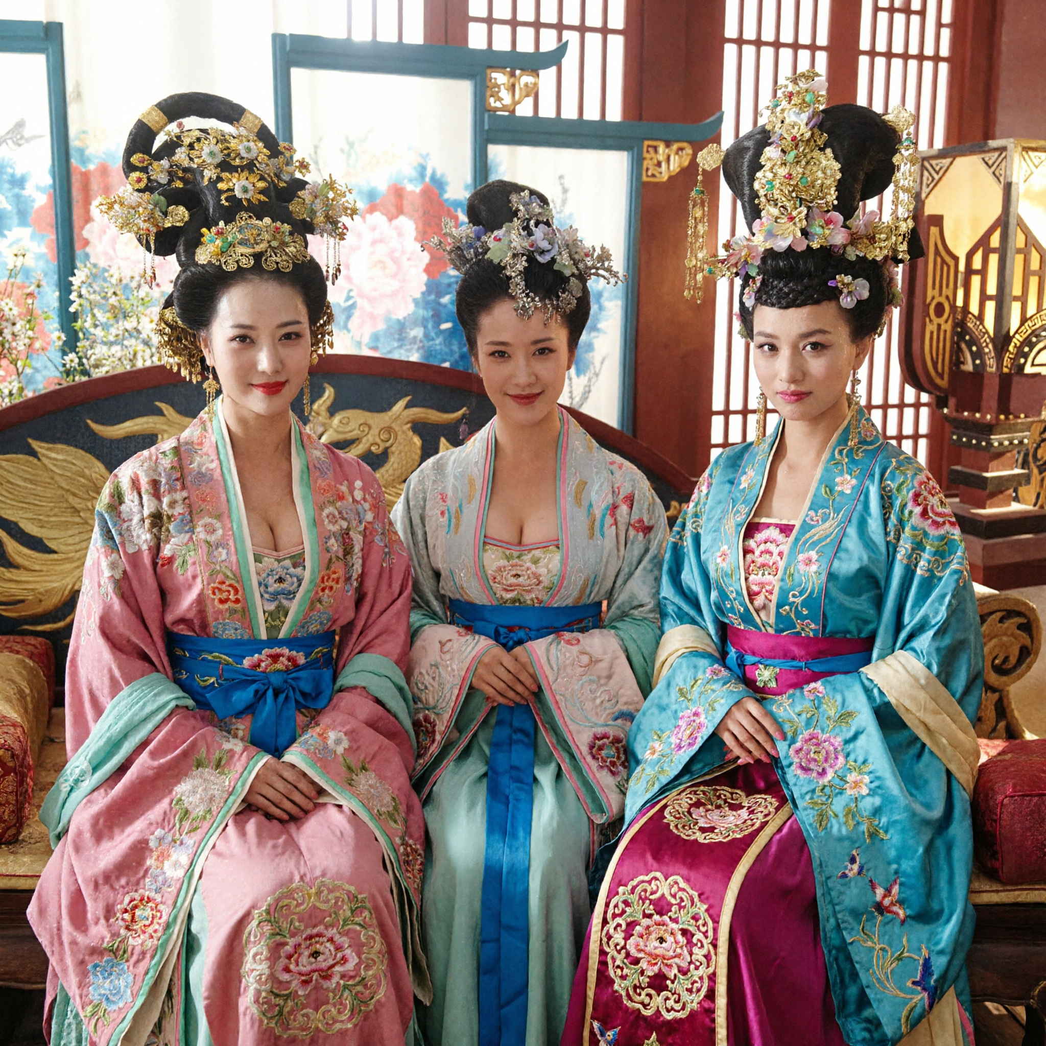 Exquisite Ancient Chinese Tang Dynasty Palace Concubine Hanfu Costume Set with Floral Headdress for Women - Asian Costume