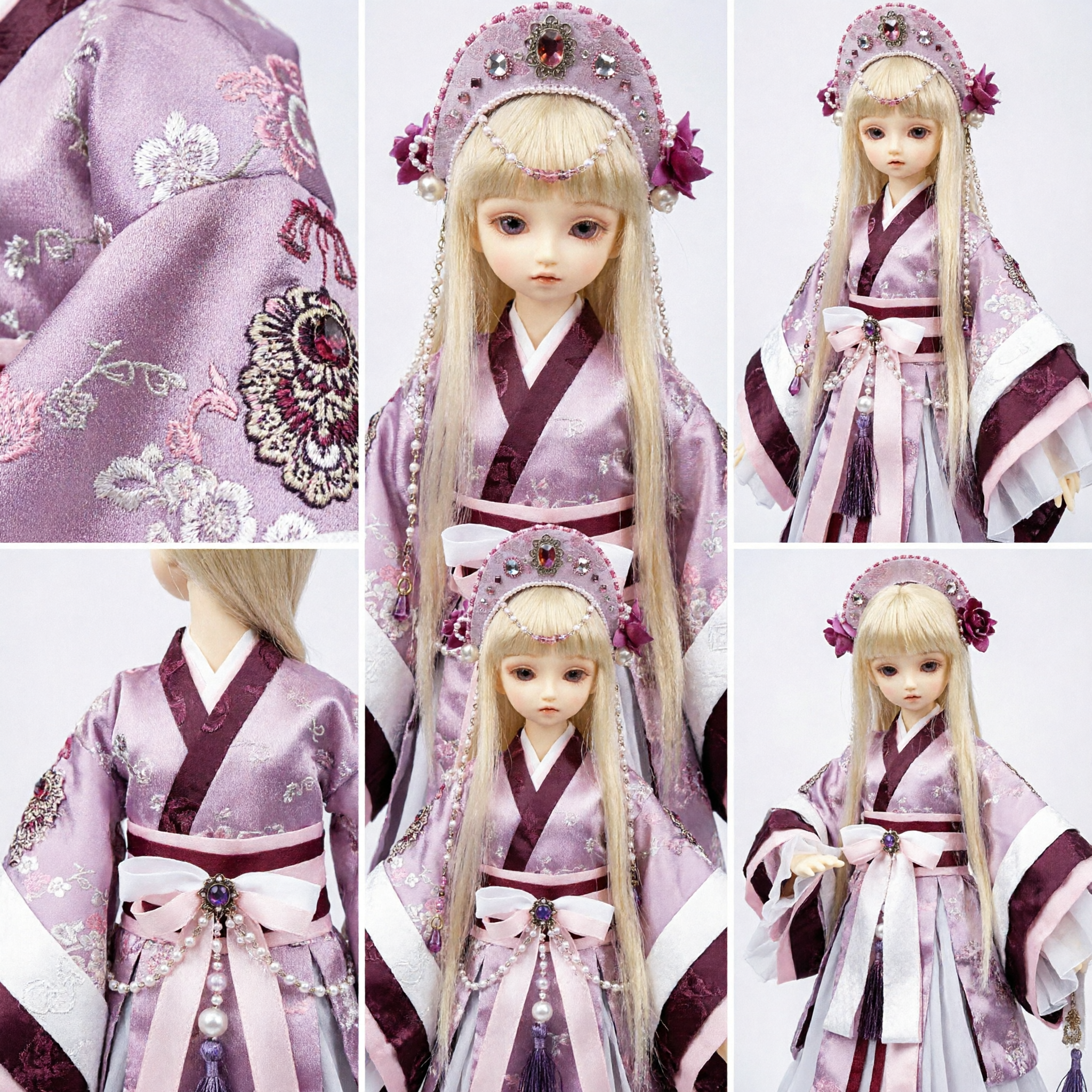 Exquisite Traditional Chinese Hanfu Costume for Dolls Pink and Purple Ancient Princess Dress with Pearl Headdress - Asian Costume