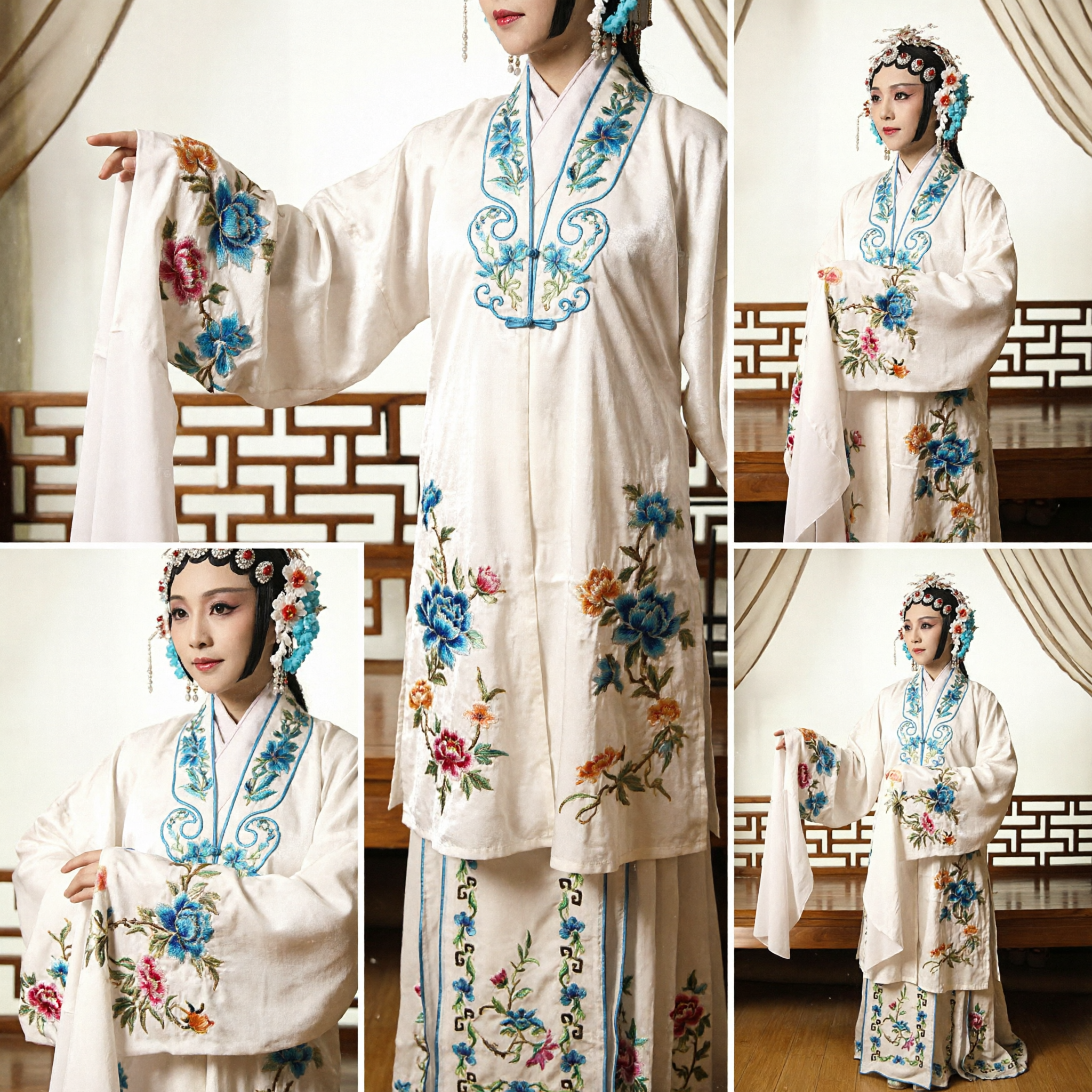 Traditional Chinese Peking Opera Costume White Embroidered Robe with Long Water Sleeves for Female Dan Role Performance - Asian Costume