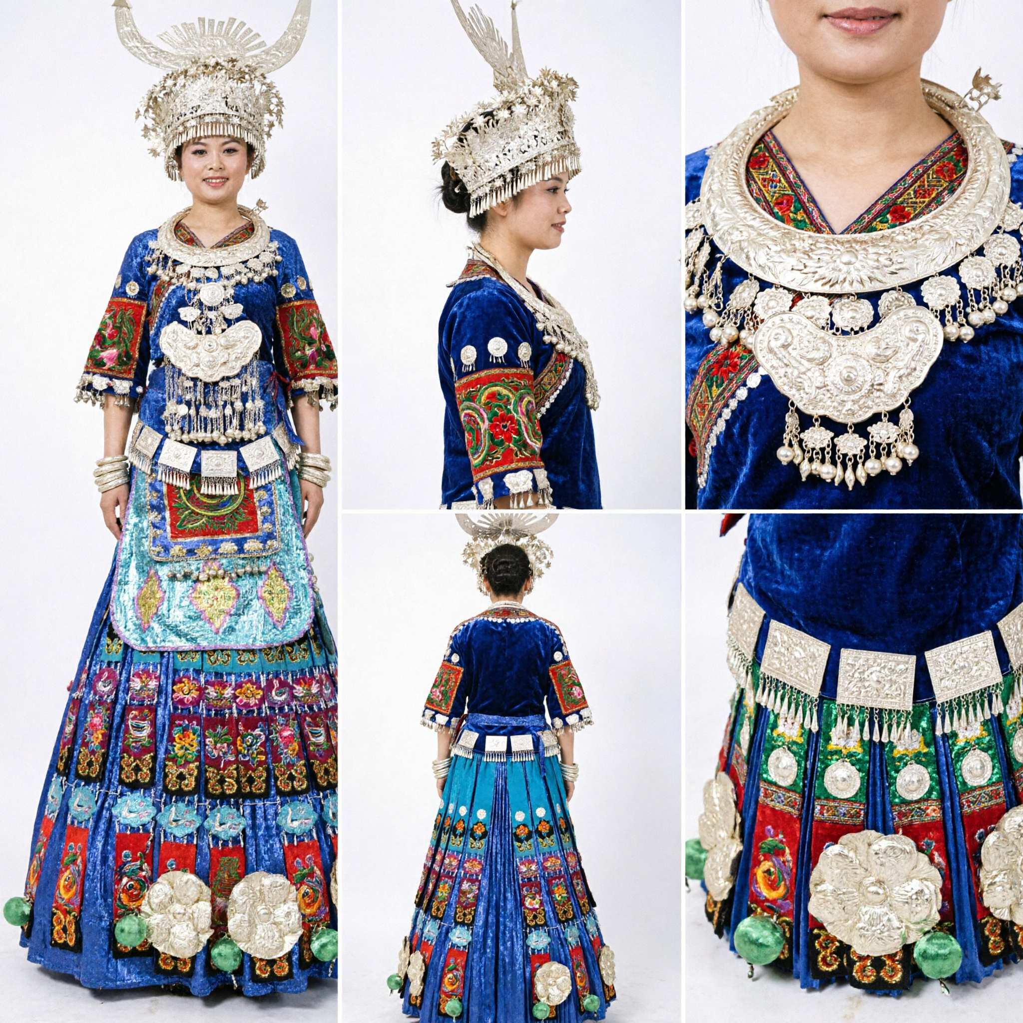 Traditional Chinese Miao Ethnic Minority Silver Headdress and Blue Embroidered Dress Costume for Women Stage Performance - Asian Costume