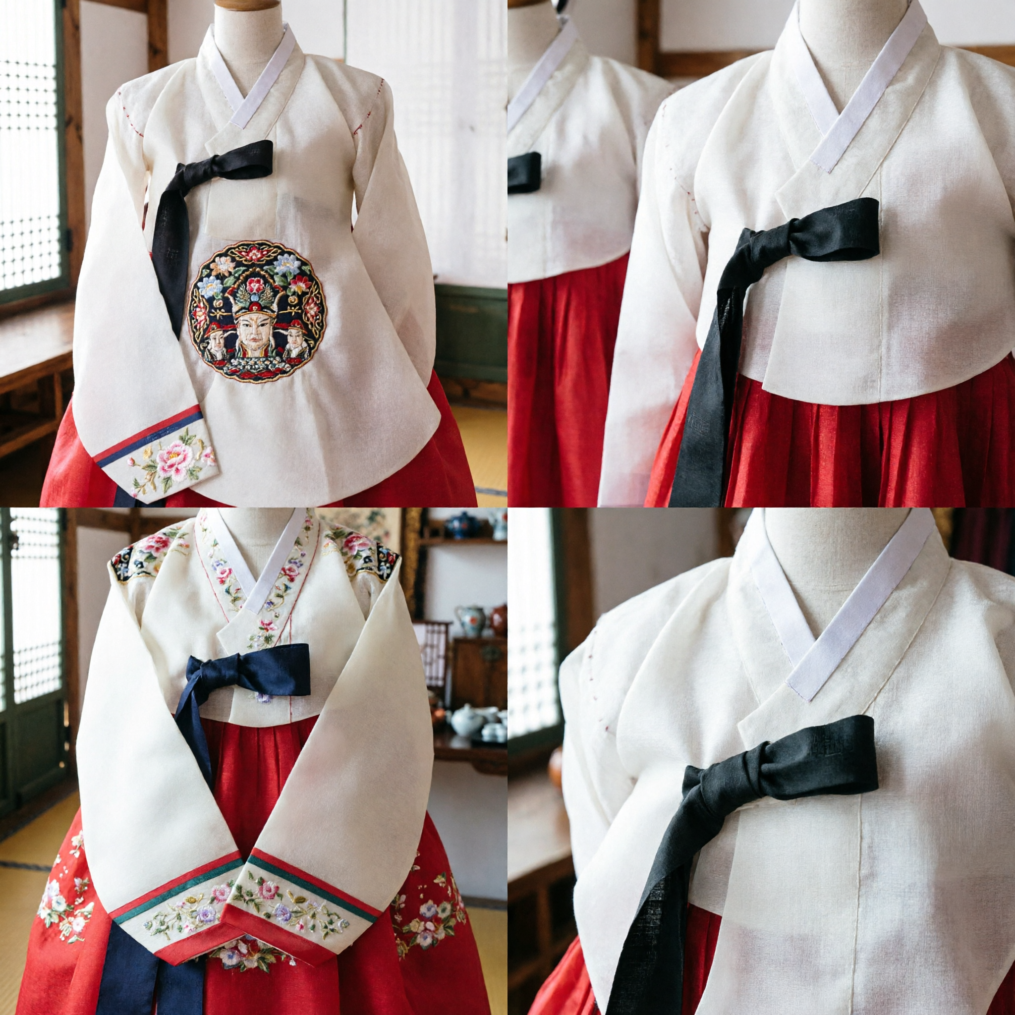 Women's Traditional Korean Hanbok Red Chima and White Jeogori Floral Embroidered Formal Dress for Wedding - Asian Costume