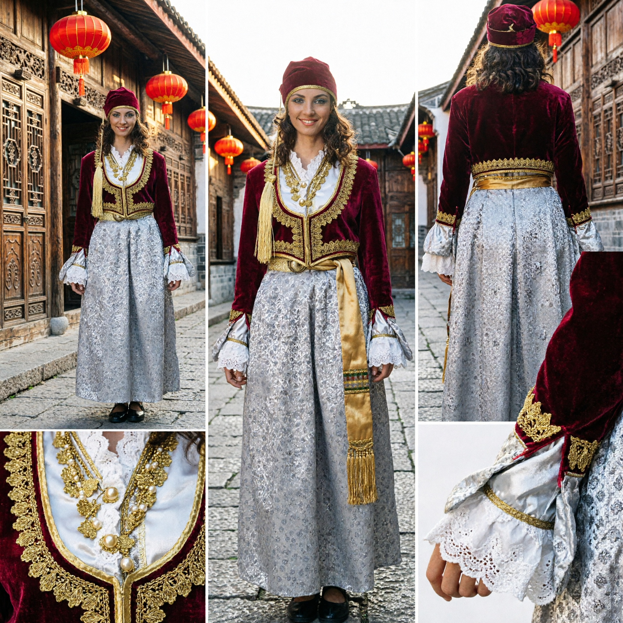 Women's Traditional Greek Folk Dance Costume Set with Red Velvet Jacket, Gold Embroidery, and Silver Skirt - Asian Costume