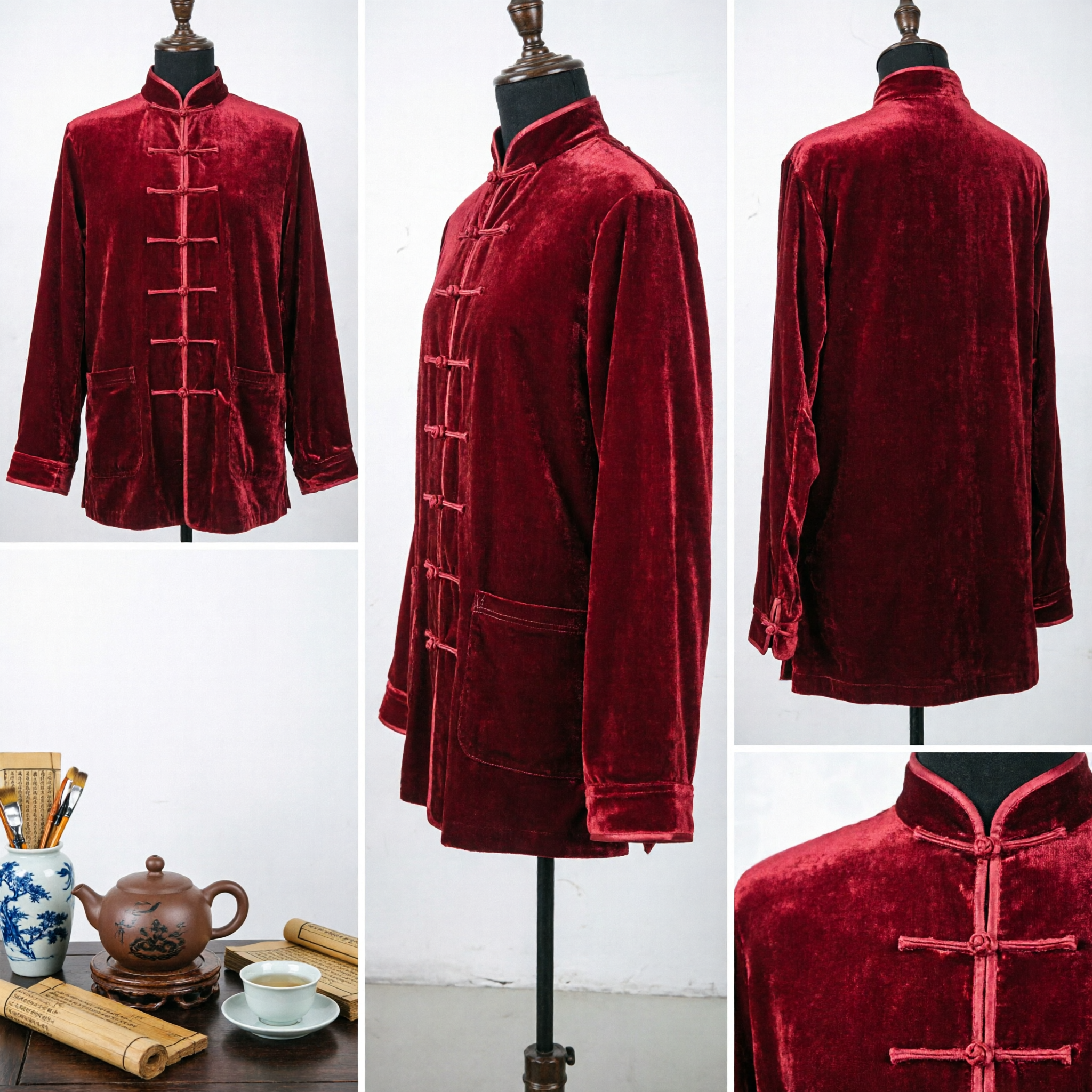 Men's Traditional Chinese Red Velvet Tang Suit Jacket Mandarin Collar Kung Fu Martial Arts Top - Asian Costume