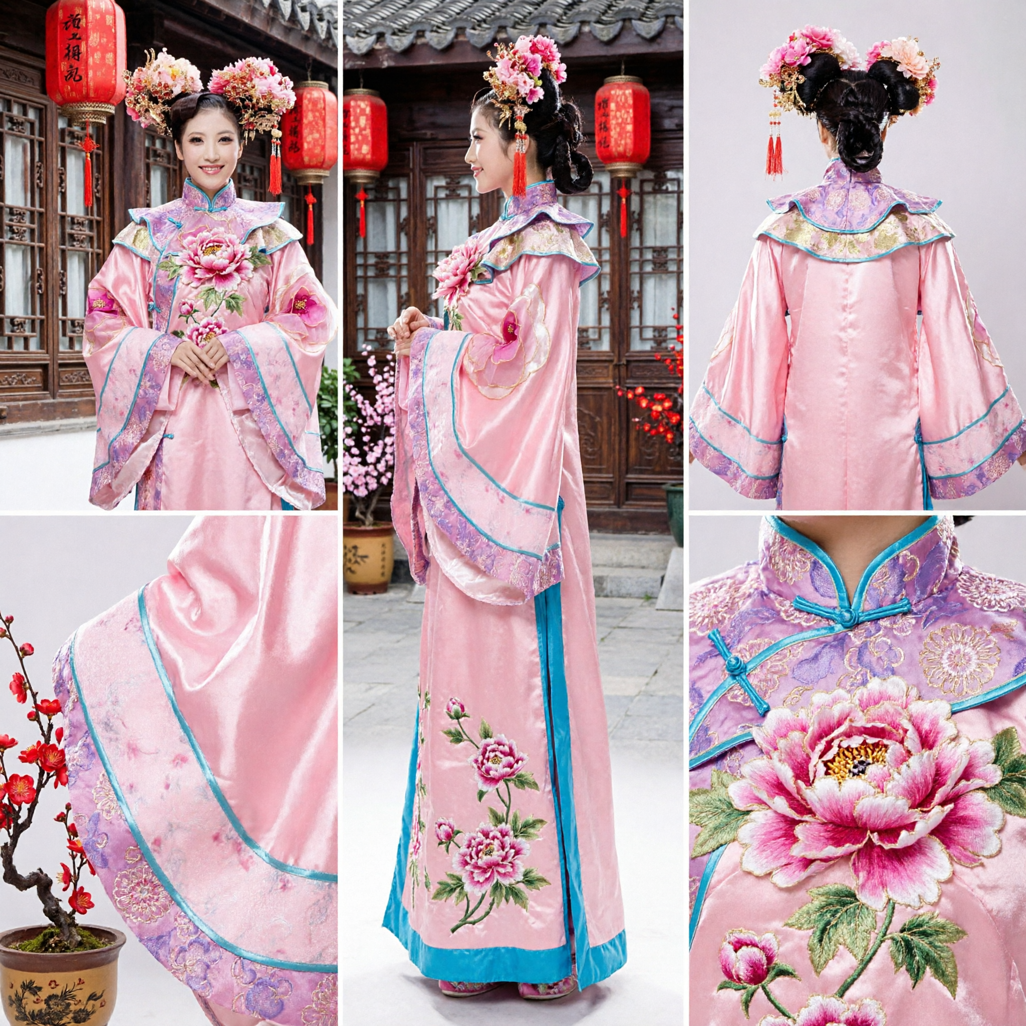 Ancient Chinese Qing Dynasty Pink Manchu Princess Costume Embroidered Dress with Headdress for Women Stage Performance - Asian Costume