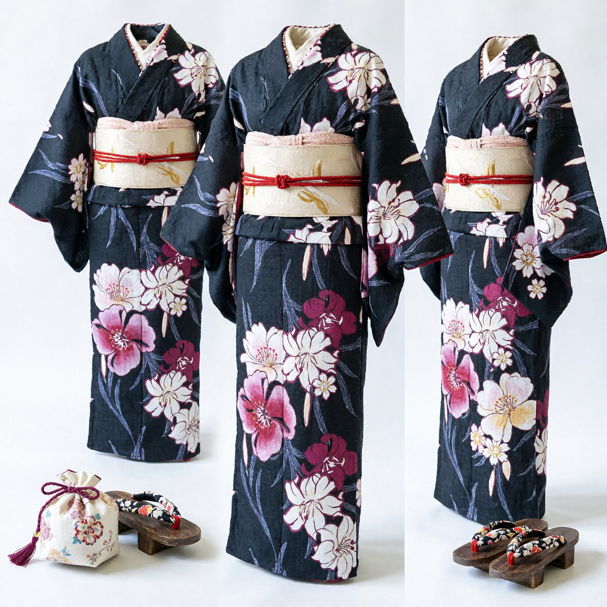 Traditional Japanese Black Floral Yukata Kimono Set for Women with Obi Bow Geta Sandals and Pouch - Asian Costume