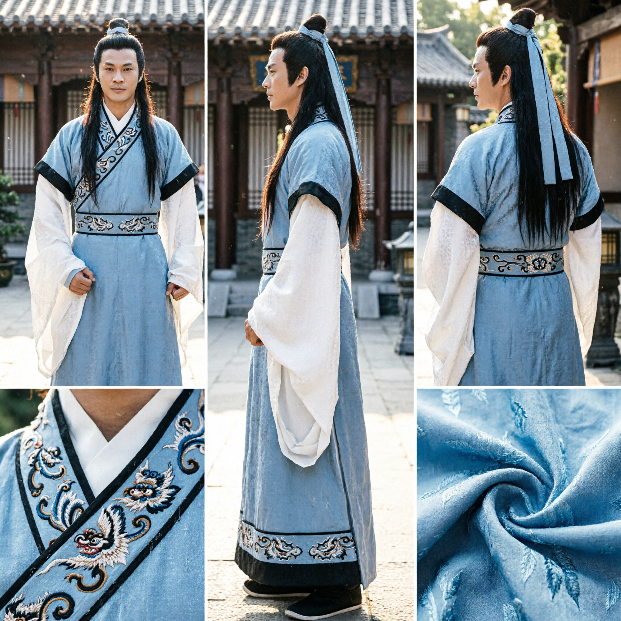 Men's Ancient Chinese Hanfu Wuxia Swordsman Costume Traditional Blue Scholar Cosplay Outfit for Cultural Events - Asian Costume