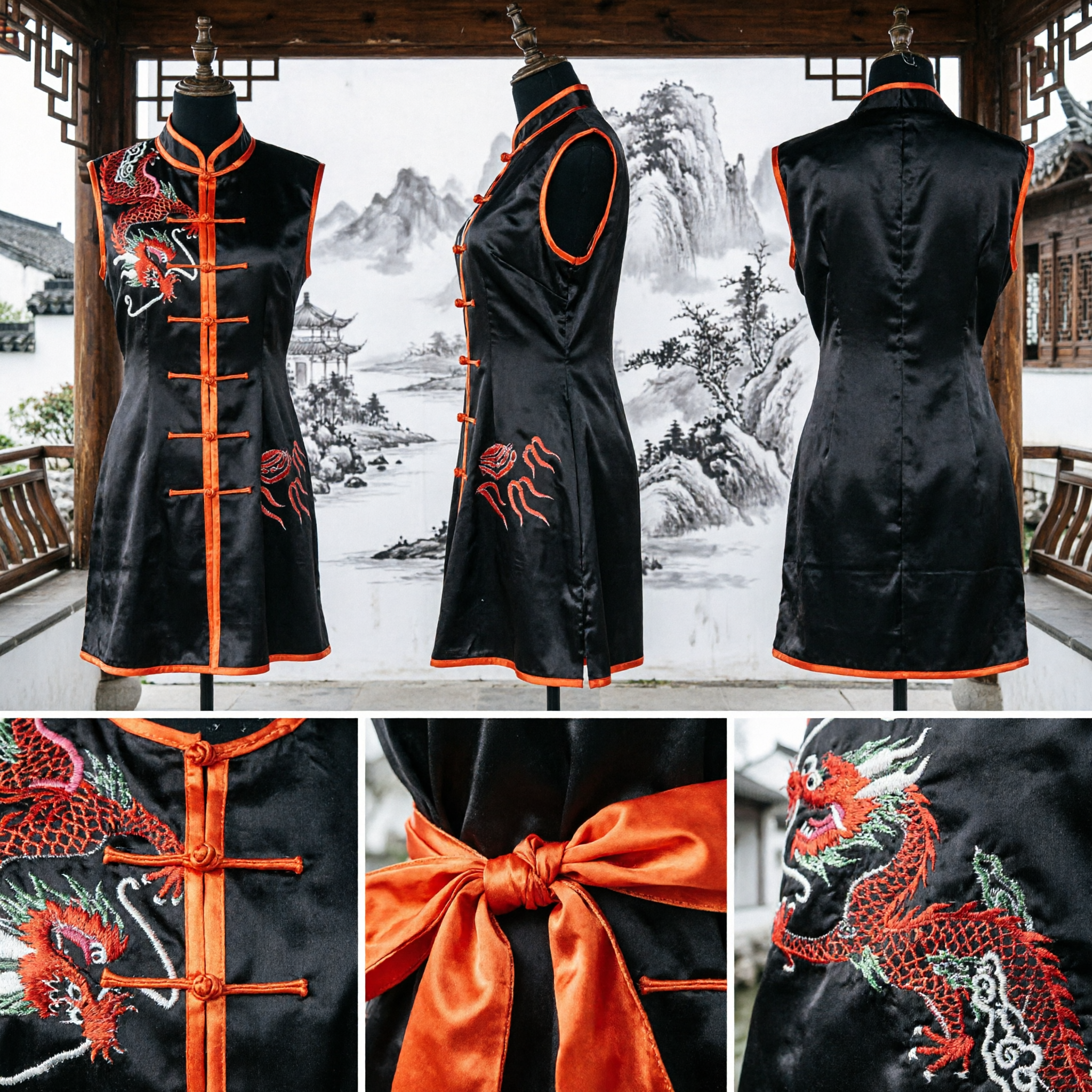 Traditional Black and Orange Kung Fu Uniform with Dragon Embroidery for Martial Arts Performance - Asian Costume