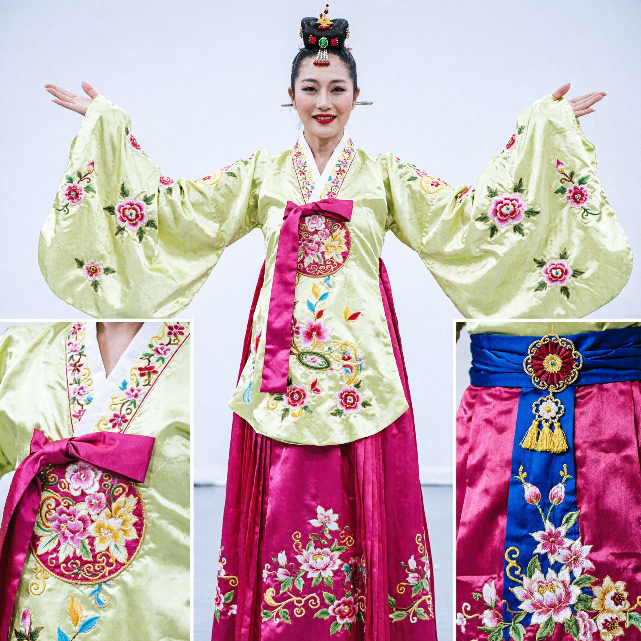 Traditional Chinese Folk Dance Costume Hanfu Fan Dance Dress with Floral Fans for Women Stage Performance - Asian Costume