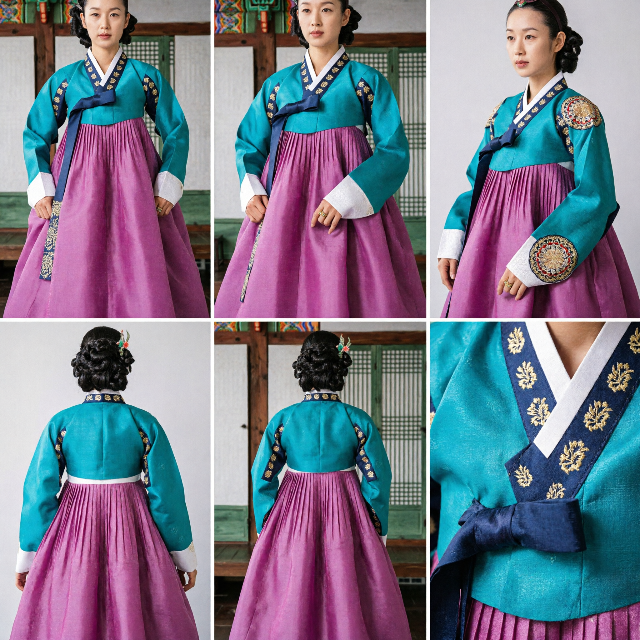 Women's Traditional Korean Hanbok Dress Teal Top and Pink Skirt for Wedding and Performance - Asian Costume