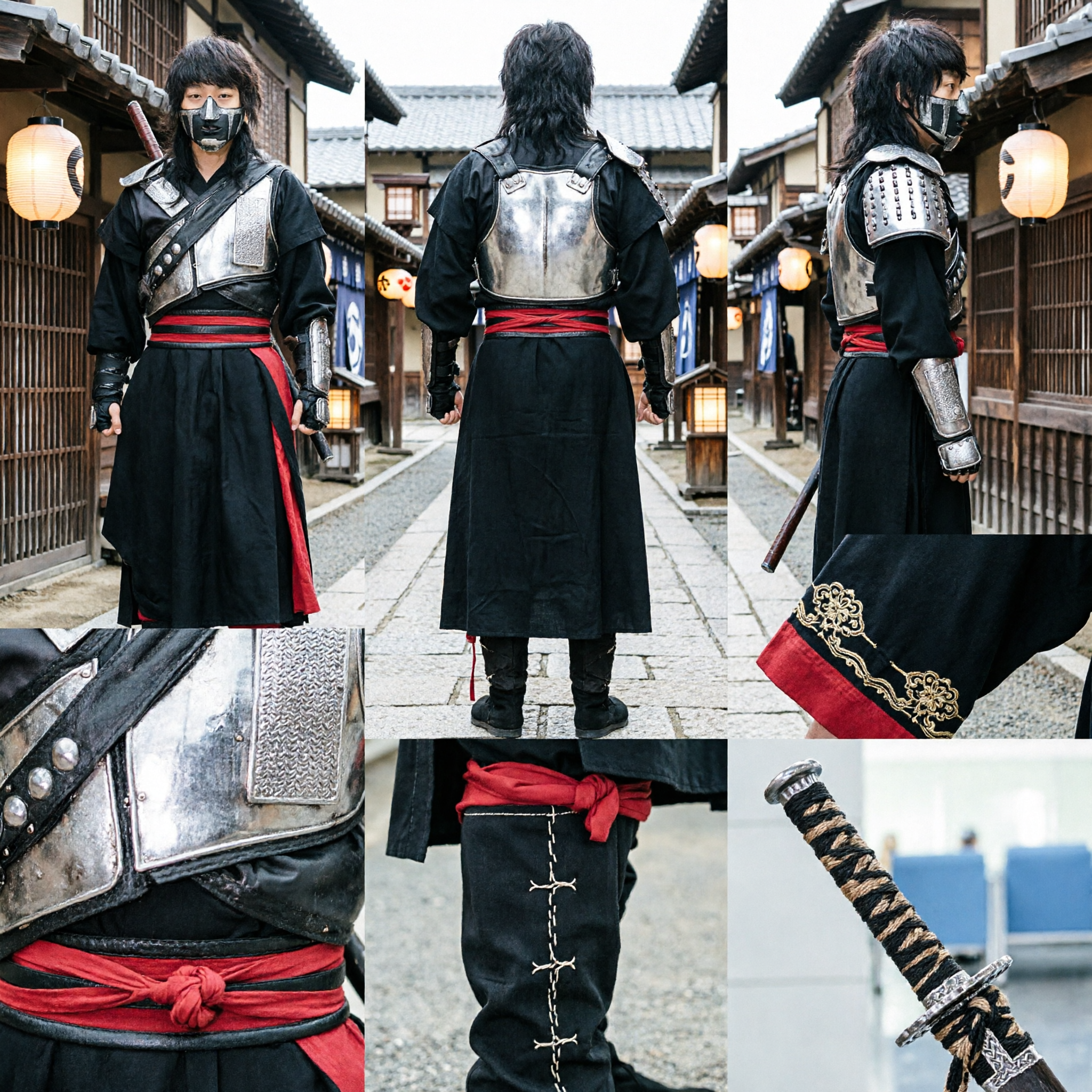 Ancient Chinese Assassin Warrior Costume Black Ninja Robe with Silver Armor for Men Cosplay Stage Performance - Asian Costume