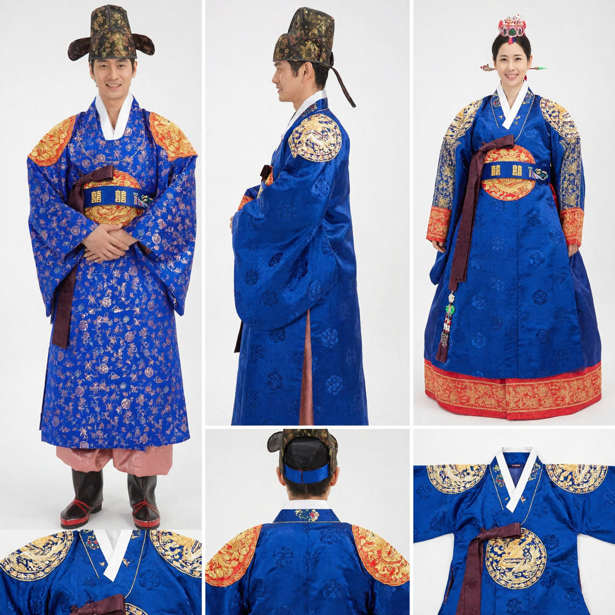 Premium Korean Traditional Wedding Hanbok Couple Set Royal Blue Groom Robe and Red Hwarot Bridal Dress - Asian Costume