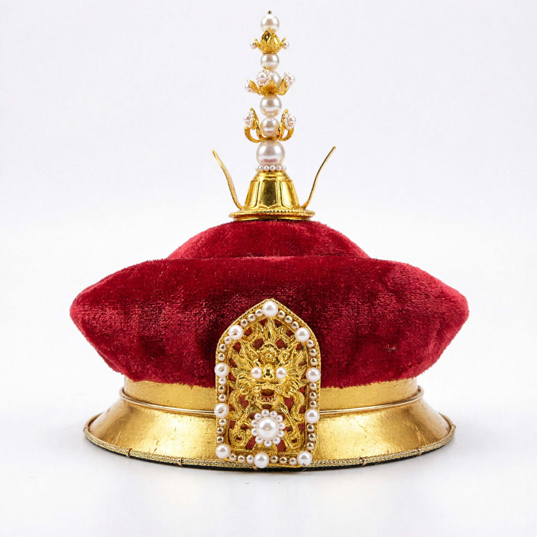 Traditional Chinese Qing Dynasty Official Red Velvet Hat with Gold Pearl Finial Imperial Costume Headwear - Asian Costume