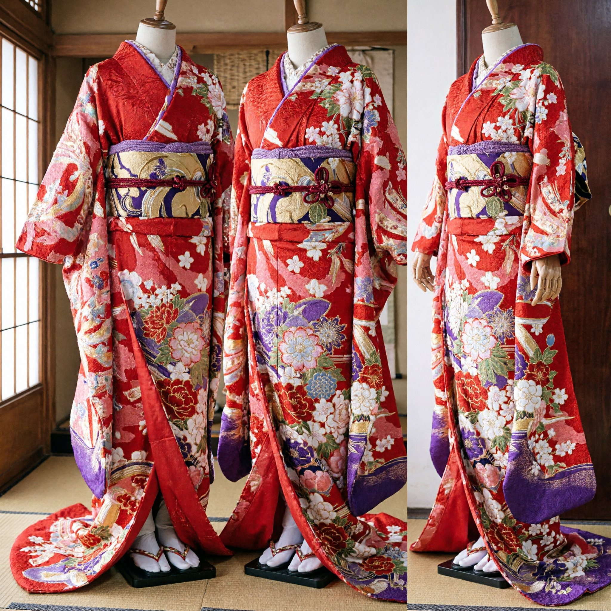 Traditional Japanese Red Floral Uchikake Kimono Set with Purple Obi for Wedding Ceremony Performance - Asian Costume