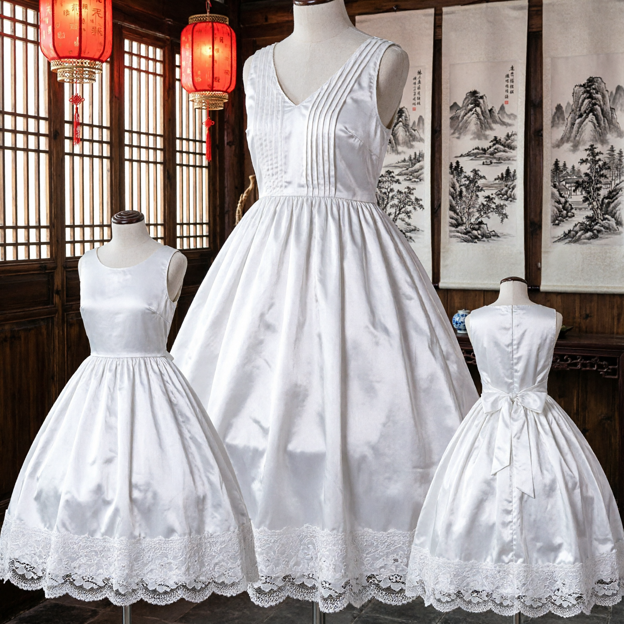 White Sleeveless Hanfu Petticoat for Women and Girls Traditional Chinese Costume Underskirt with Lace Trim - Asian Costume