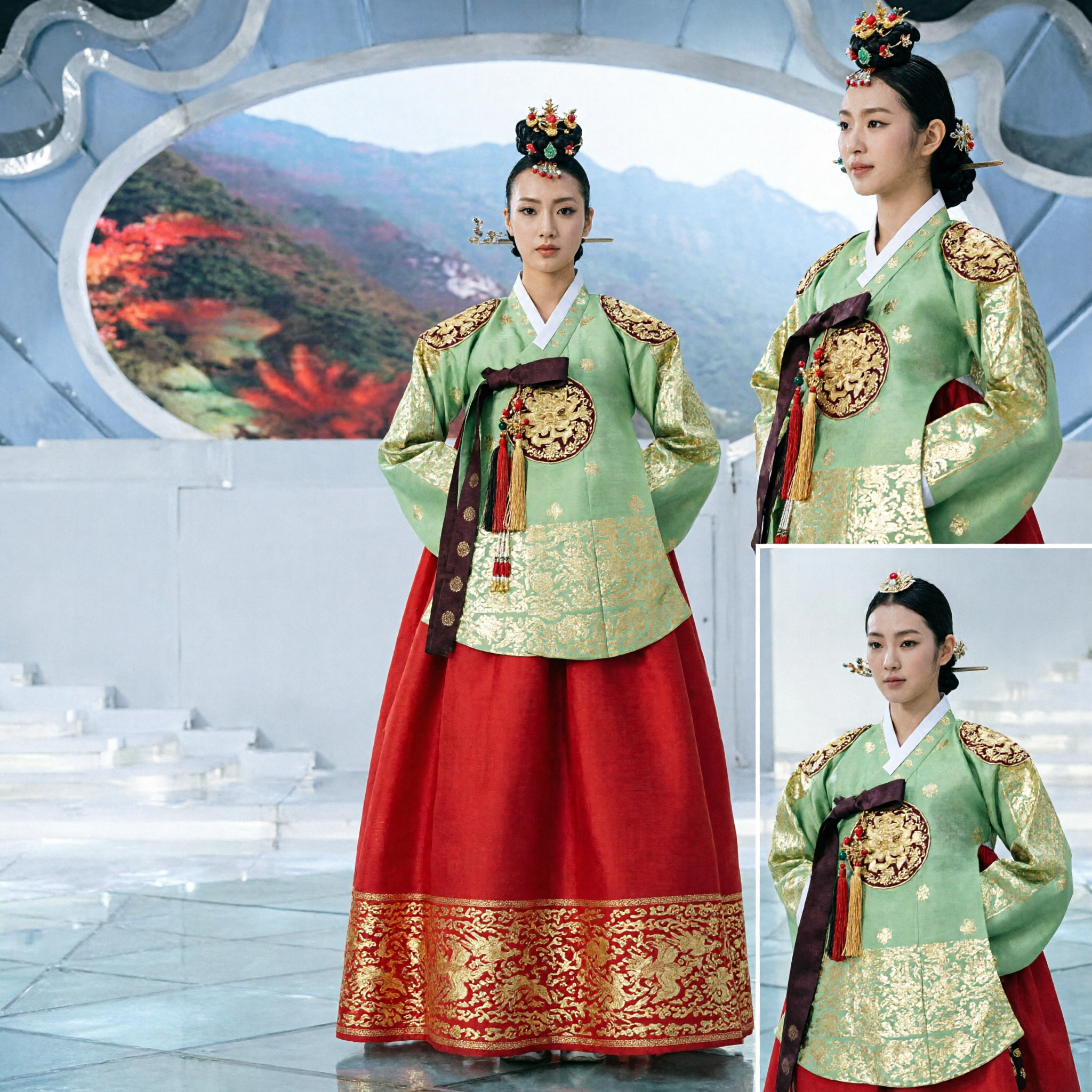 Elegant Traditional Korean Hanbok for Women Green Embroidered Jeogori Red Chima Palace Wedding Costume - Asian Costume