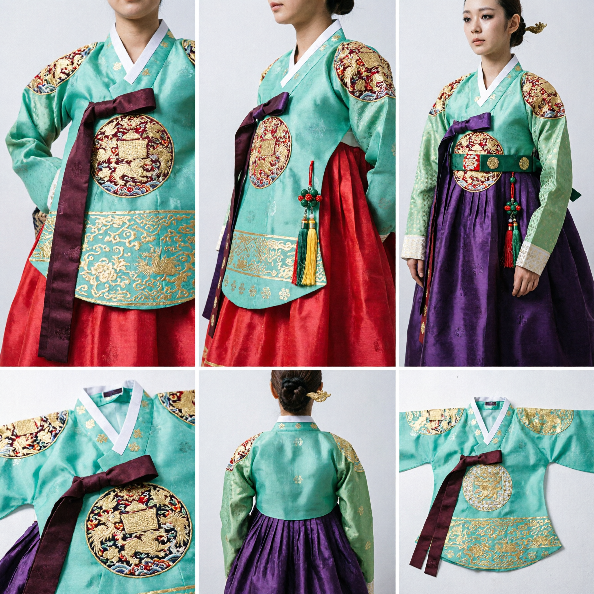 Womens Traditional Korean Hanbok Palace Style Green Jeogori and Red Chima Dress for Wedding Performance - Asian Costume