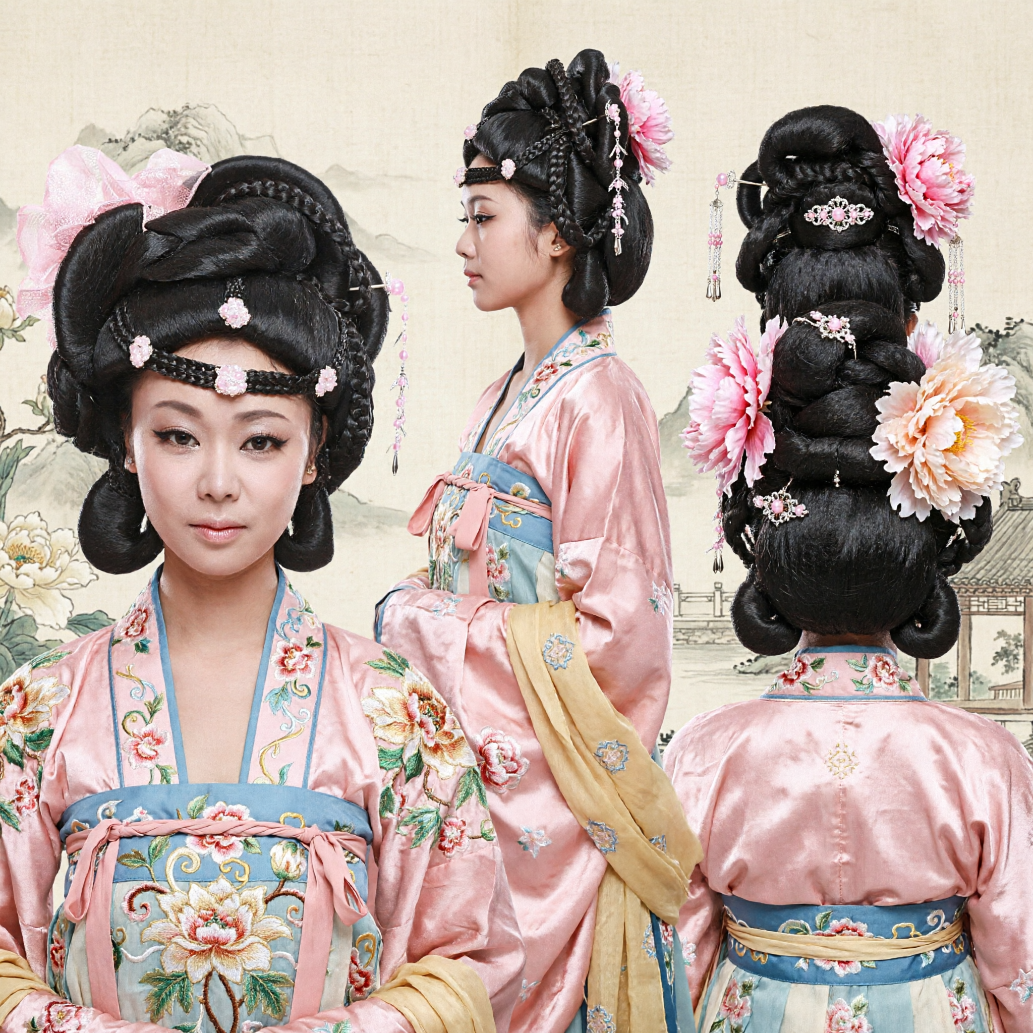 Elegant Black Ancient Chinese Tang Dynasty Wig Traditional Palace Lady Hairpiece with Flowers for Hanfu Cosplay - Asian Costume