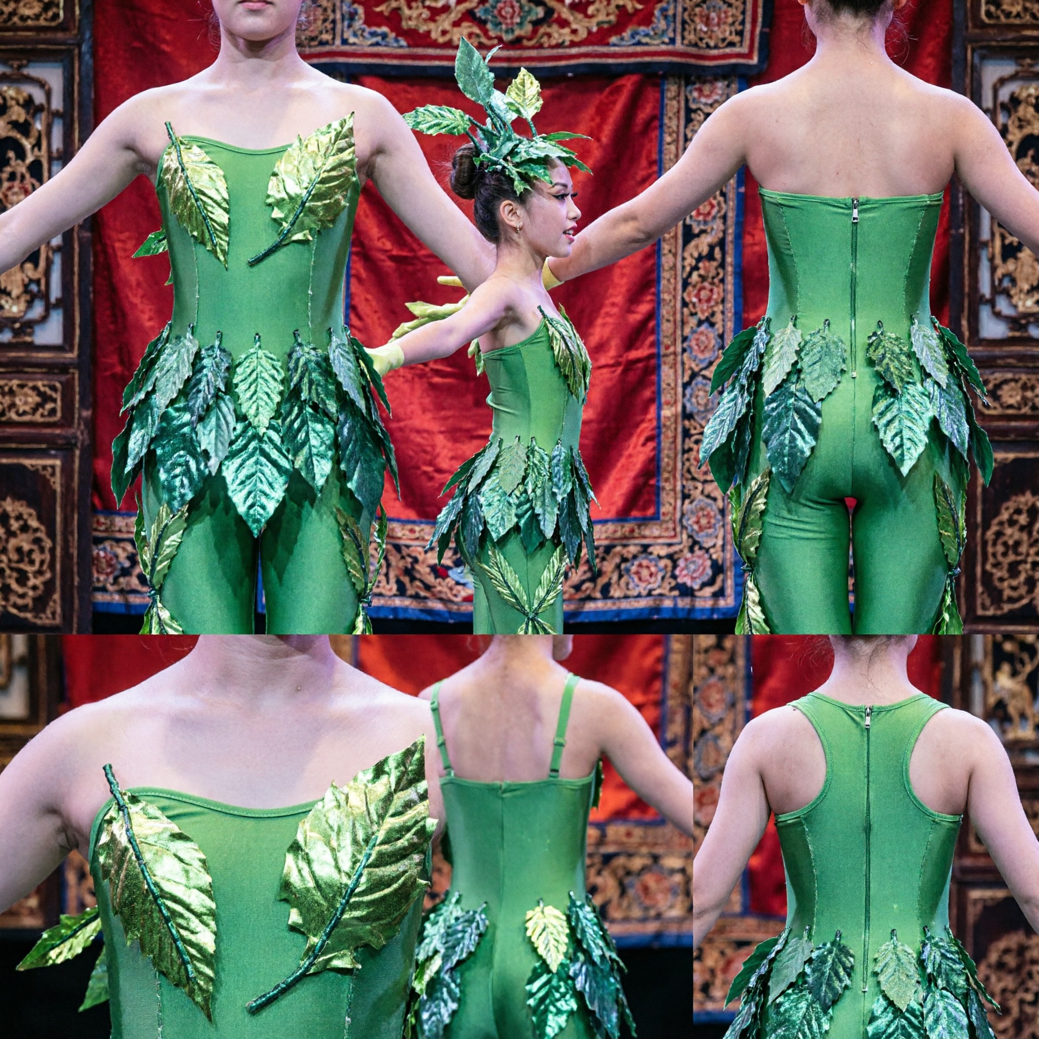 Women's Green Leaf Tree Dance Costume for Stage Performance Nature Themed Recital Outfit with Accessories - Asian Costume