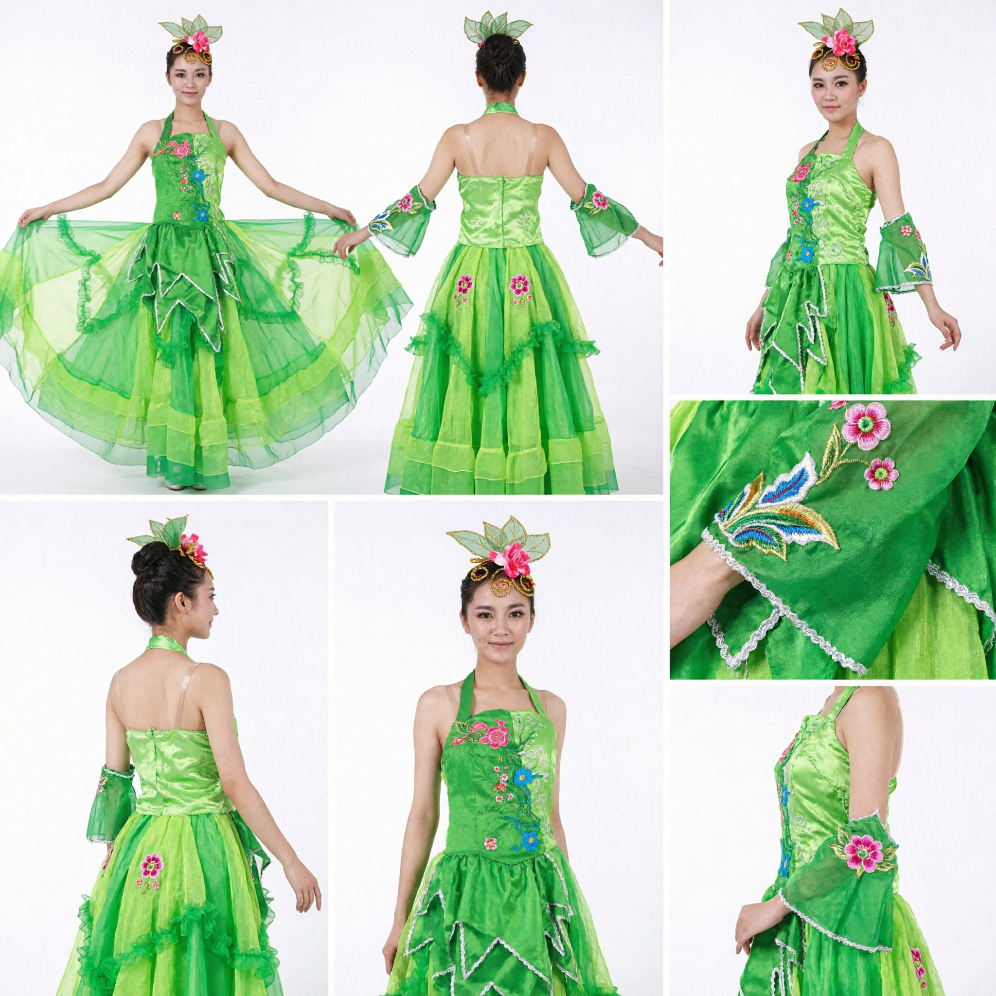 Women's Green Chinese Folk Dance Costume Traditional Stage Performance Dress with Floral Embroidery and Headpiece - Asian Costume